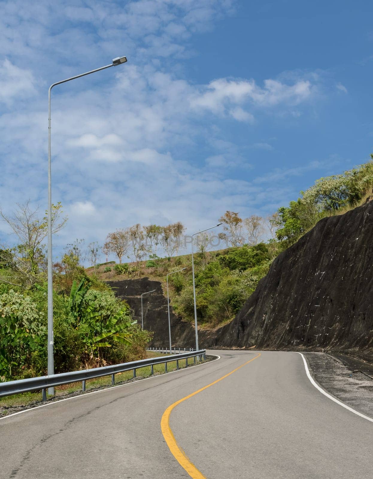 Asphalt curve road with lighting pole in sunny day