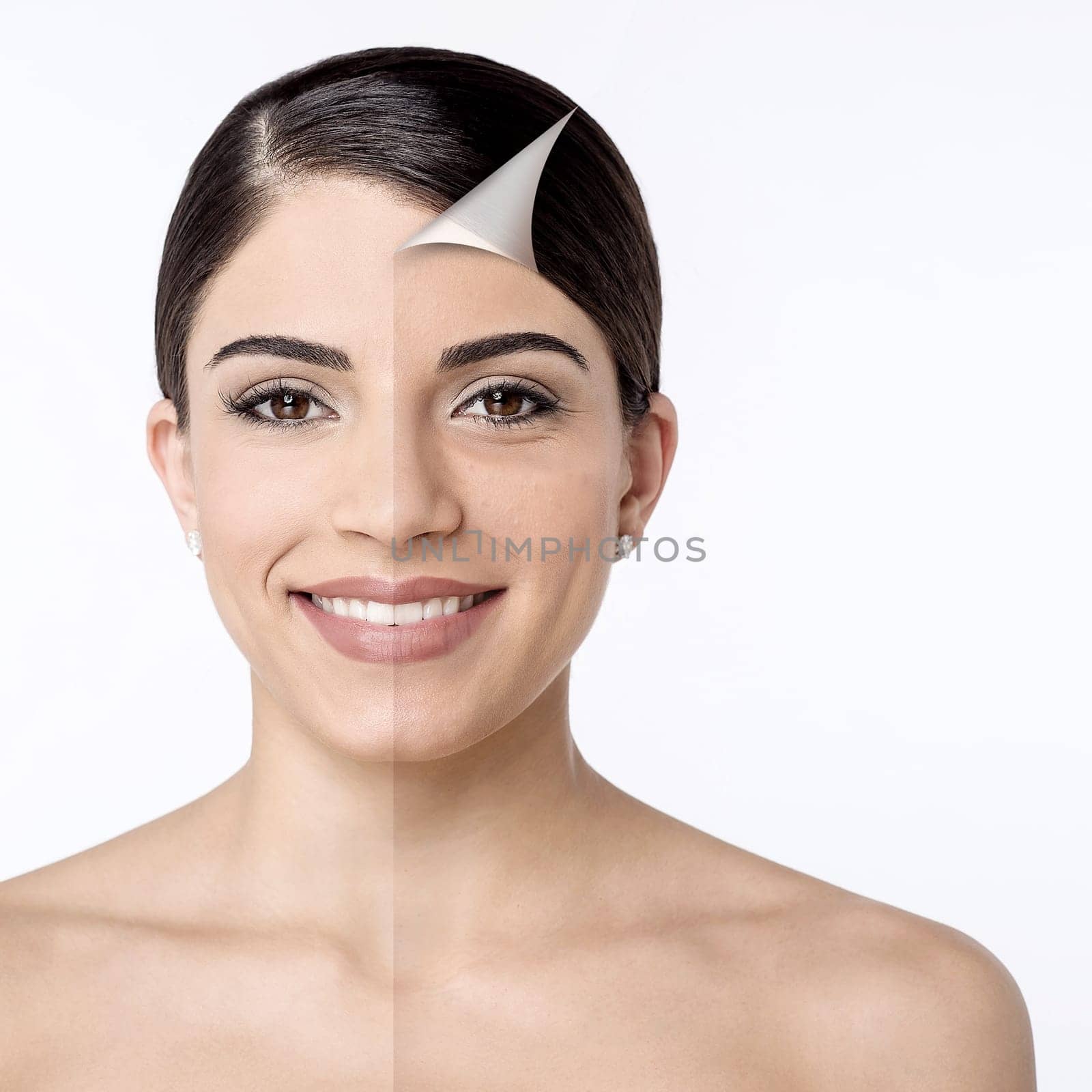 Comparison portrait of a smiling woman without and with makeup