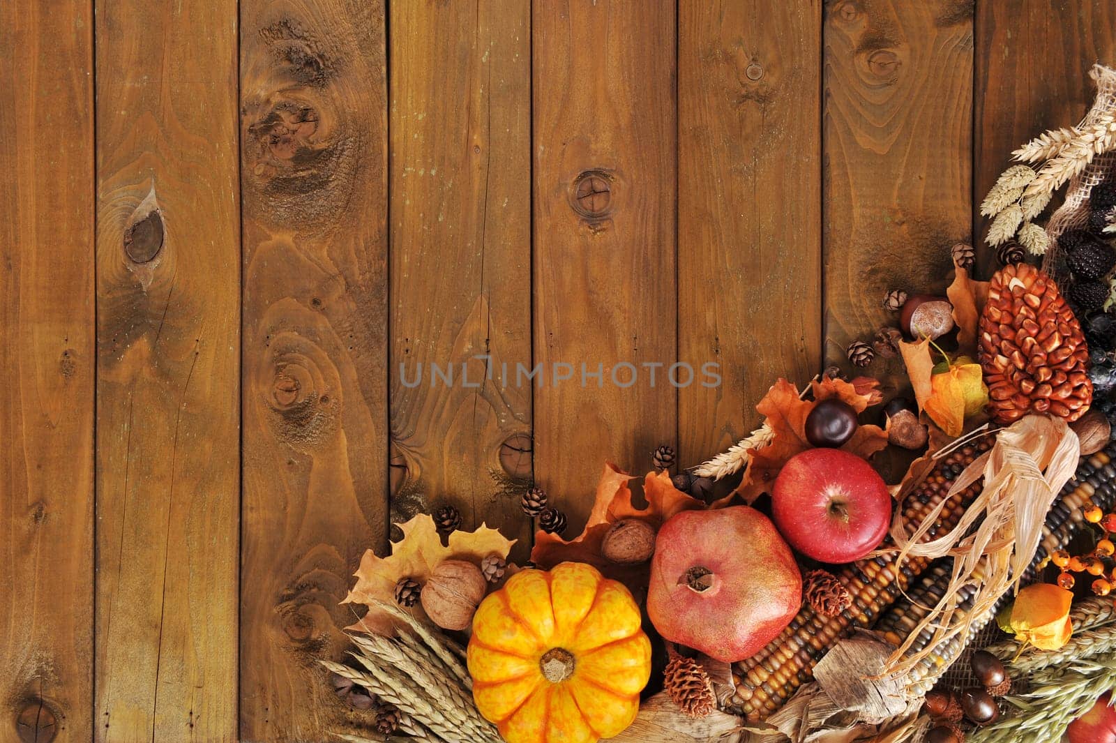 Pumpkins,pomegranate,apple,nuts,berries,corn and cereals on old weathered wooden boards