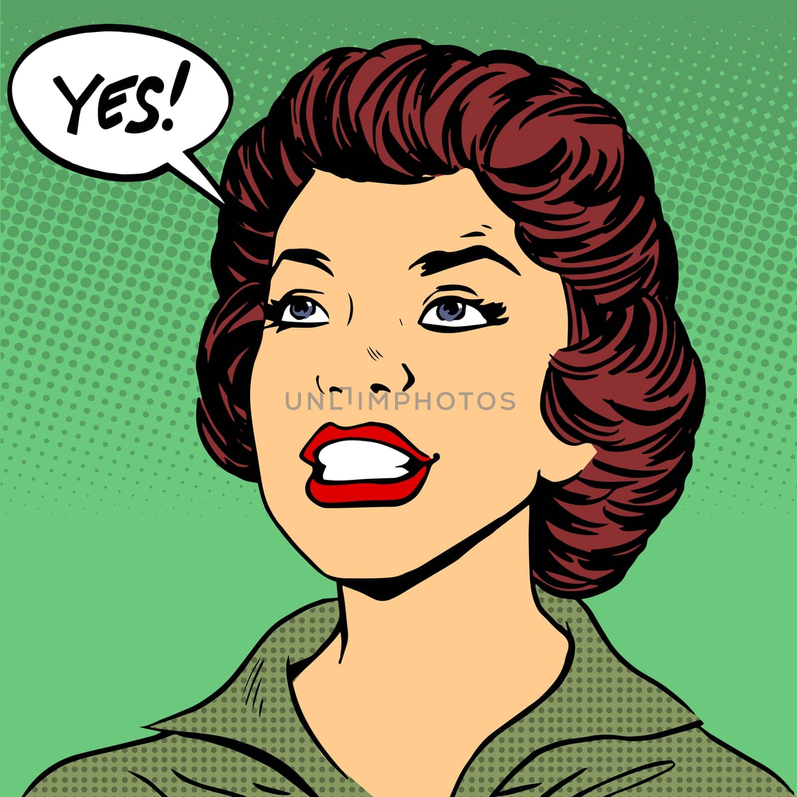 Black woman says Yes pop art comics retro style Halftone. Imitation of old illustrations