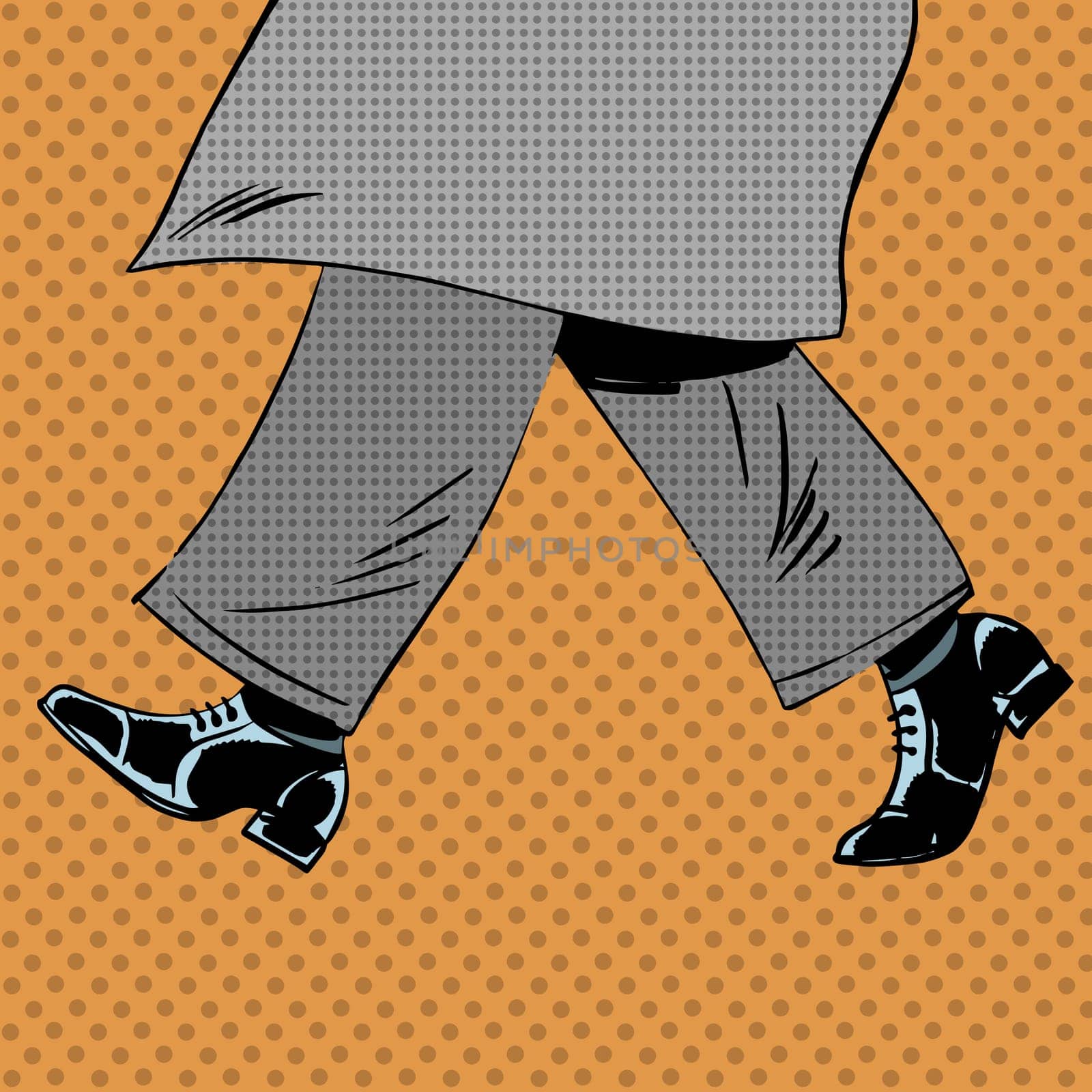 Male feet are shoes wind coat pop art comics retro style Halftone. Imitation of old illustrations