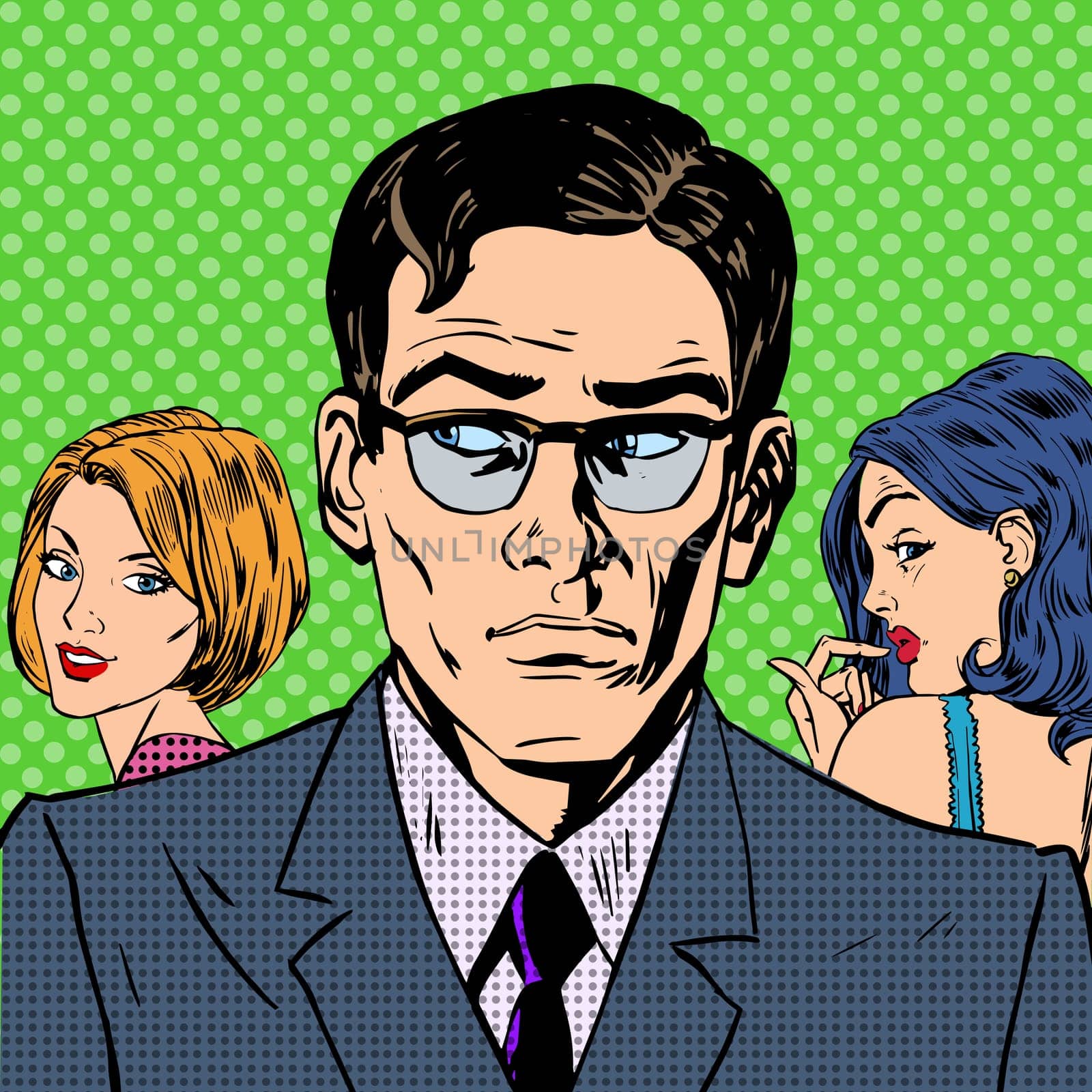 A man chooses between two women relationships love emotion pop art comics retro style Halftone. Imitation of old illustrations.