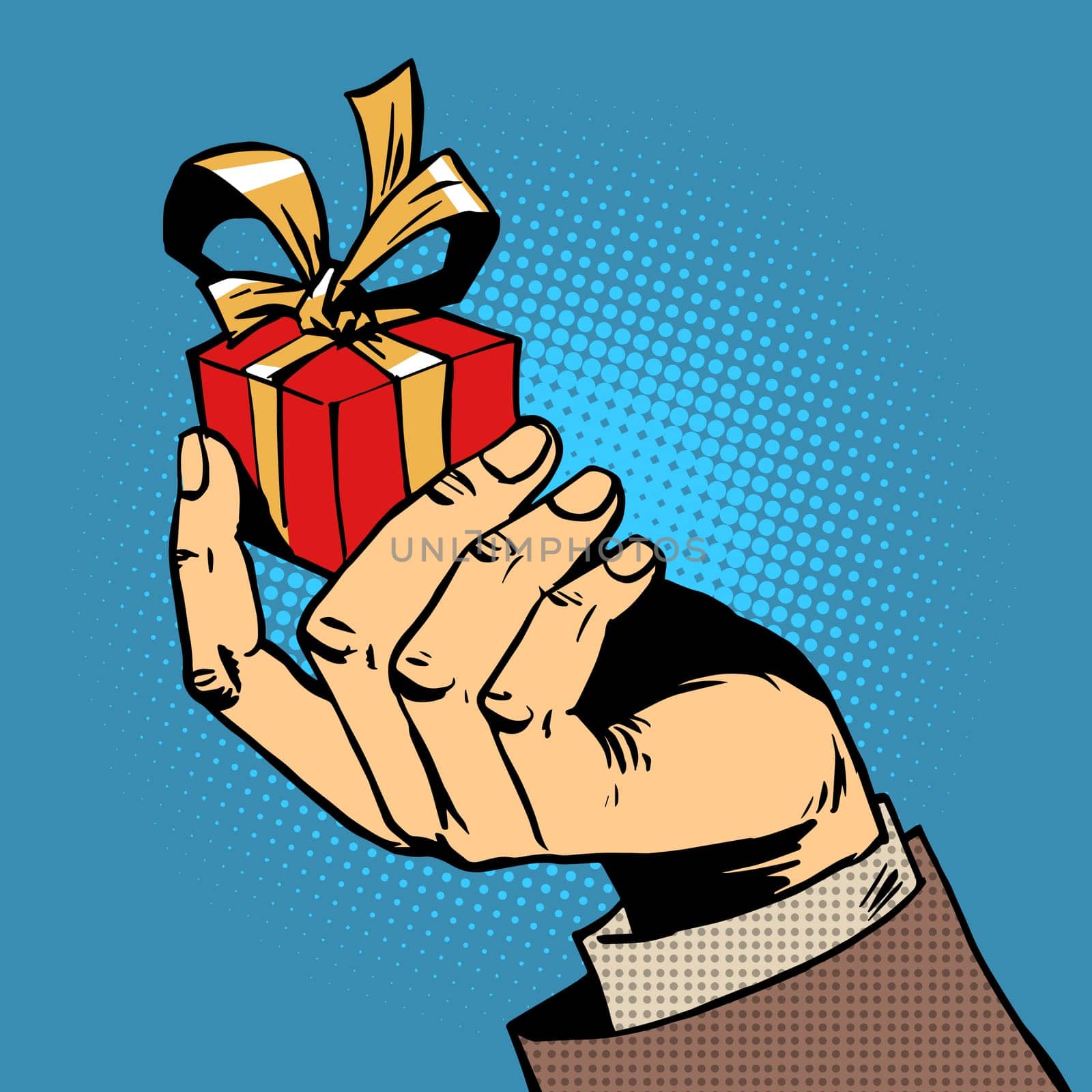 The gift in his hand a small box pop art comics retro style Halftone. Imitation of old illustrations.