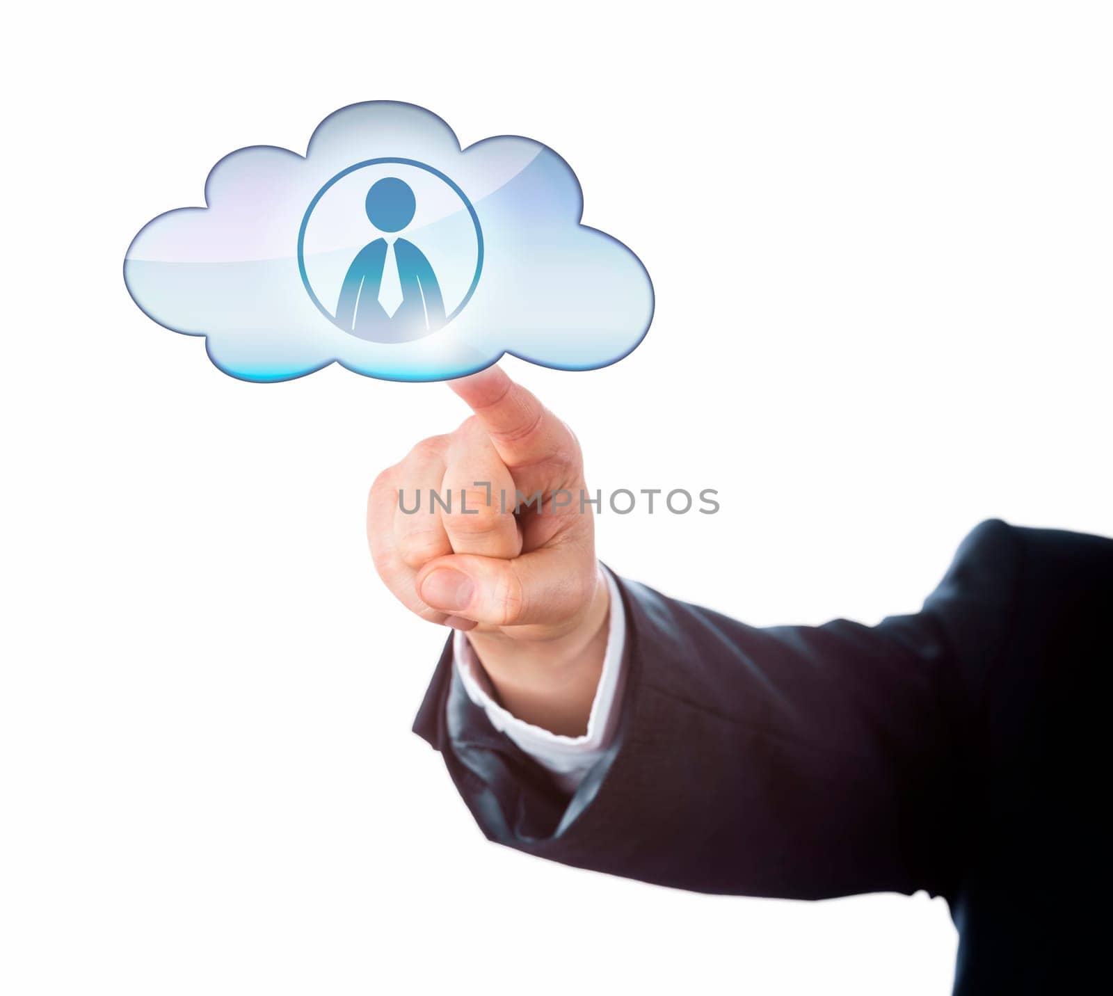 Arm in dark business suit reaching out to touch an office worker icon in a floating cloud symbol. Cutout isolated on white background. Metaphor for human resources combined with smart computing.
