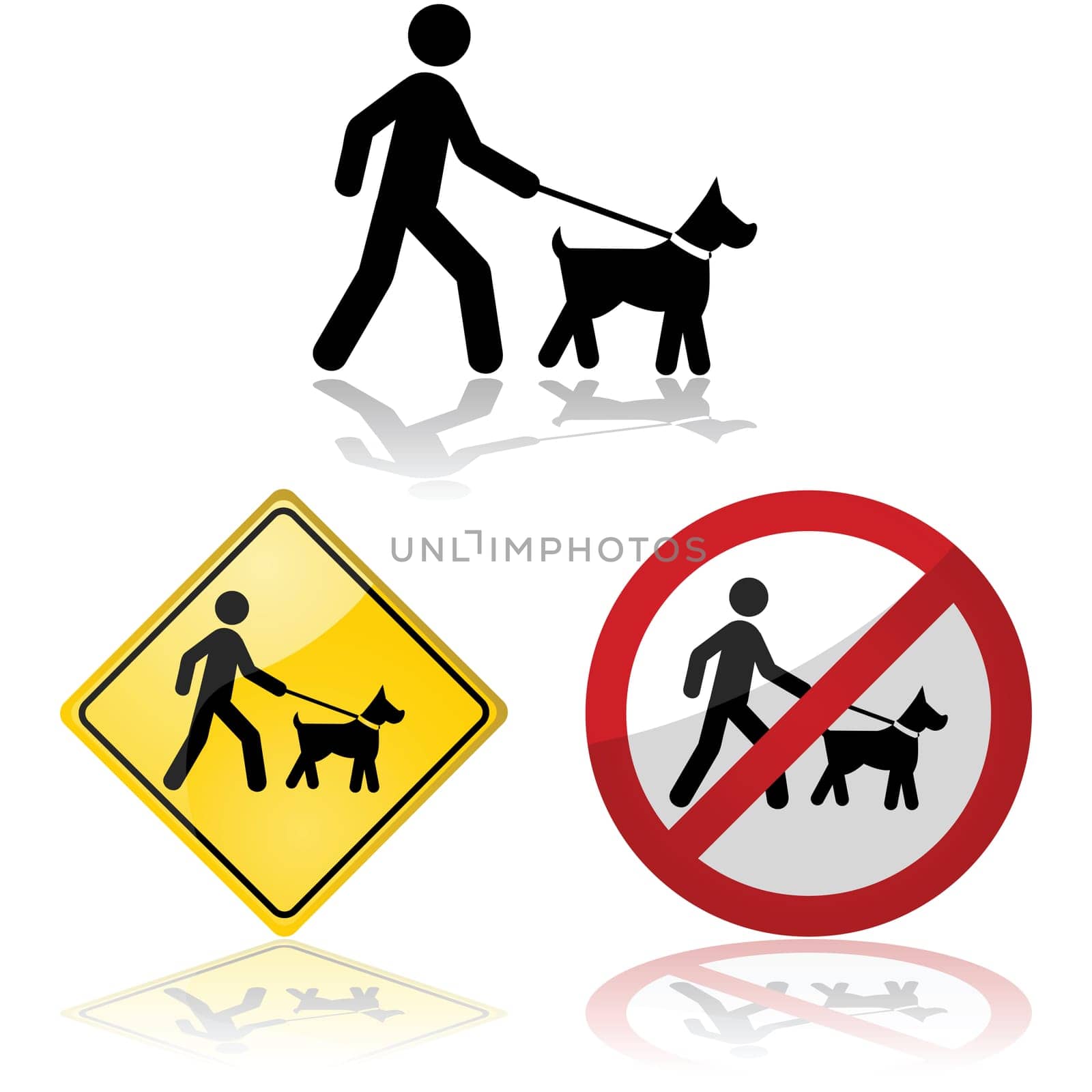 Icon set showing a person walking a dog on a leash