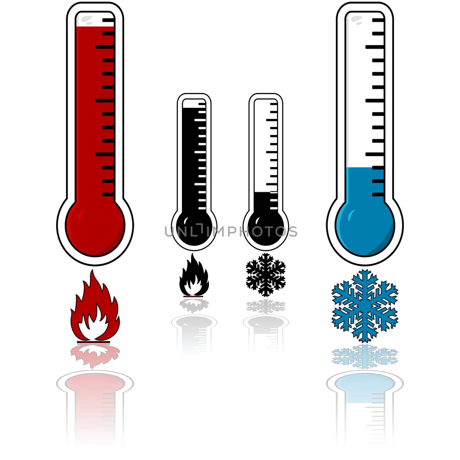 Icon set showing a thermometer with a high temperature and one registering cold temperatures