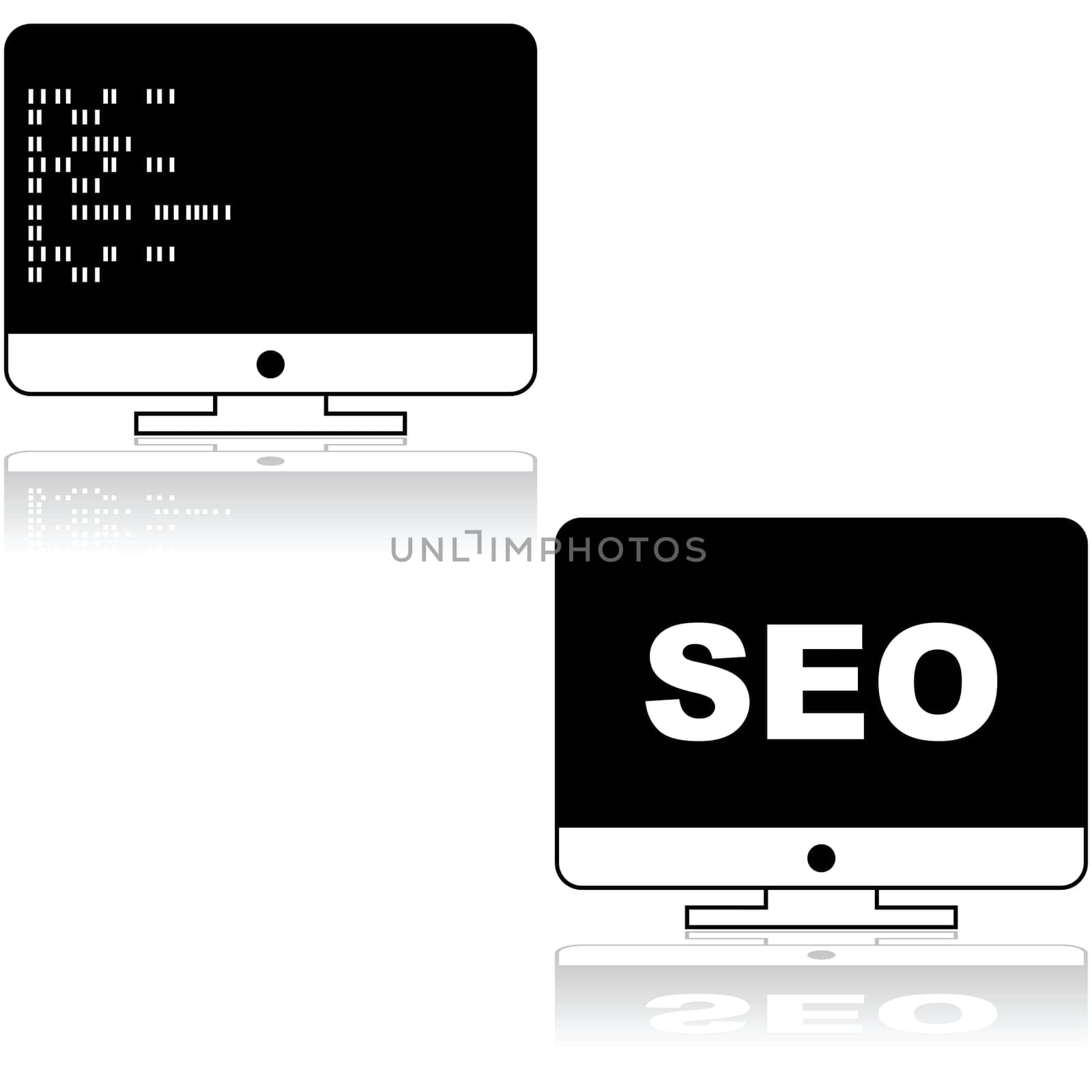 Icon set showing  a computer screen with random icons and the acronym SEO for Search Engine Optimization