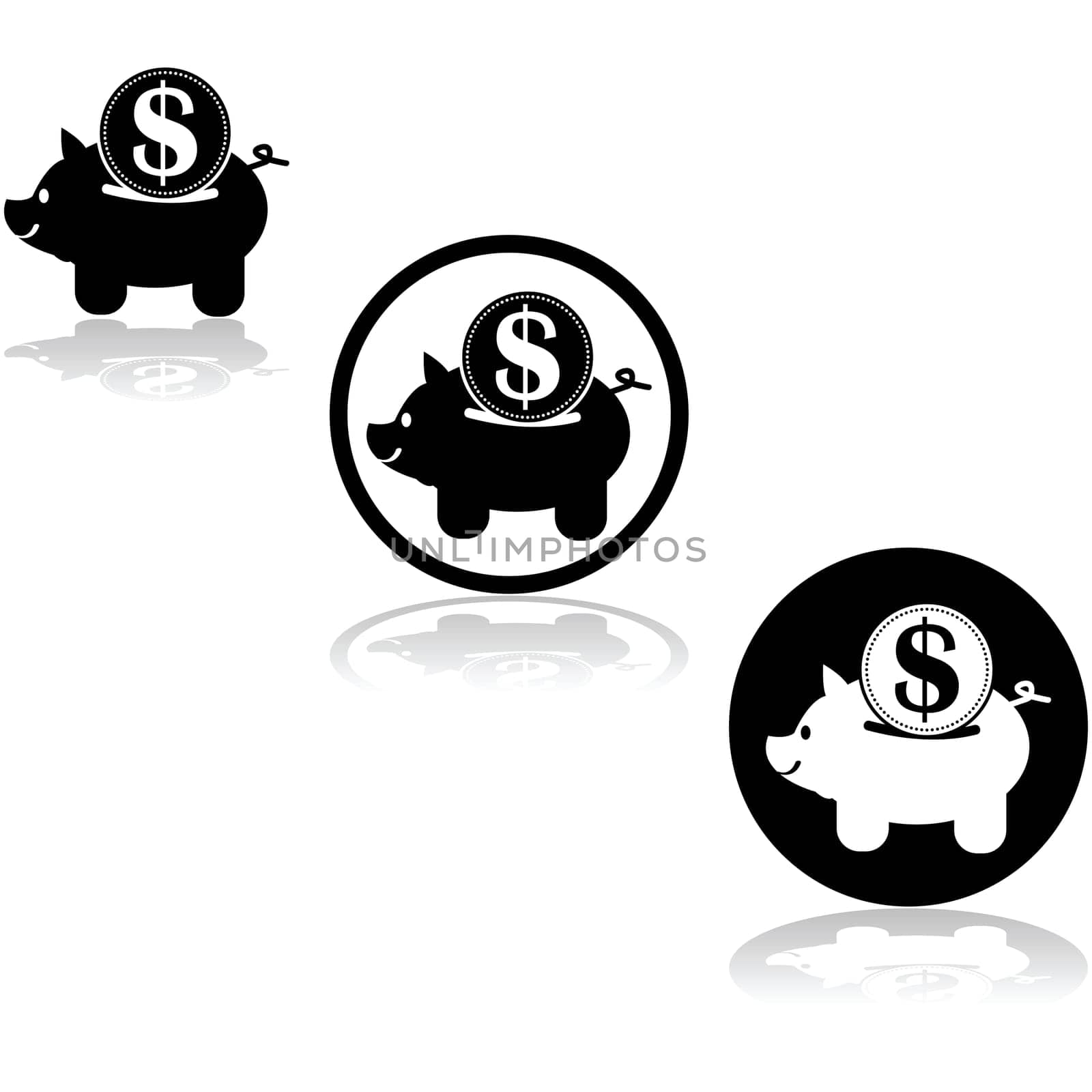 Icon set showing a piggy bank with an oversized coin being inserted into it