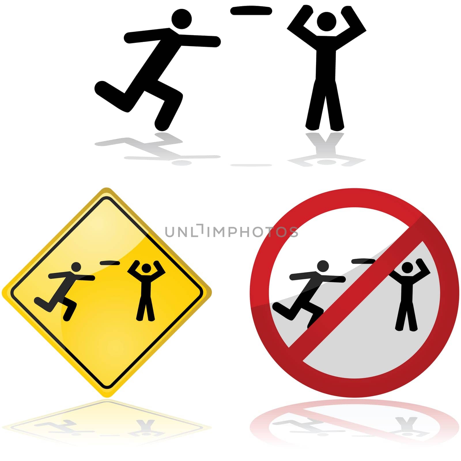 Icon set showing signs with people playing frisbee