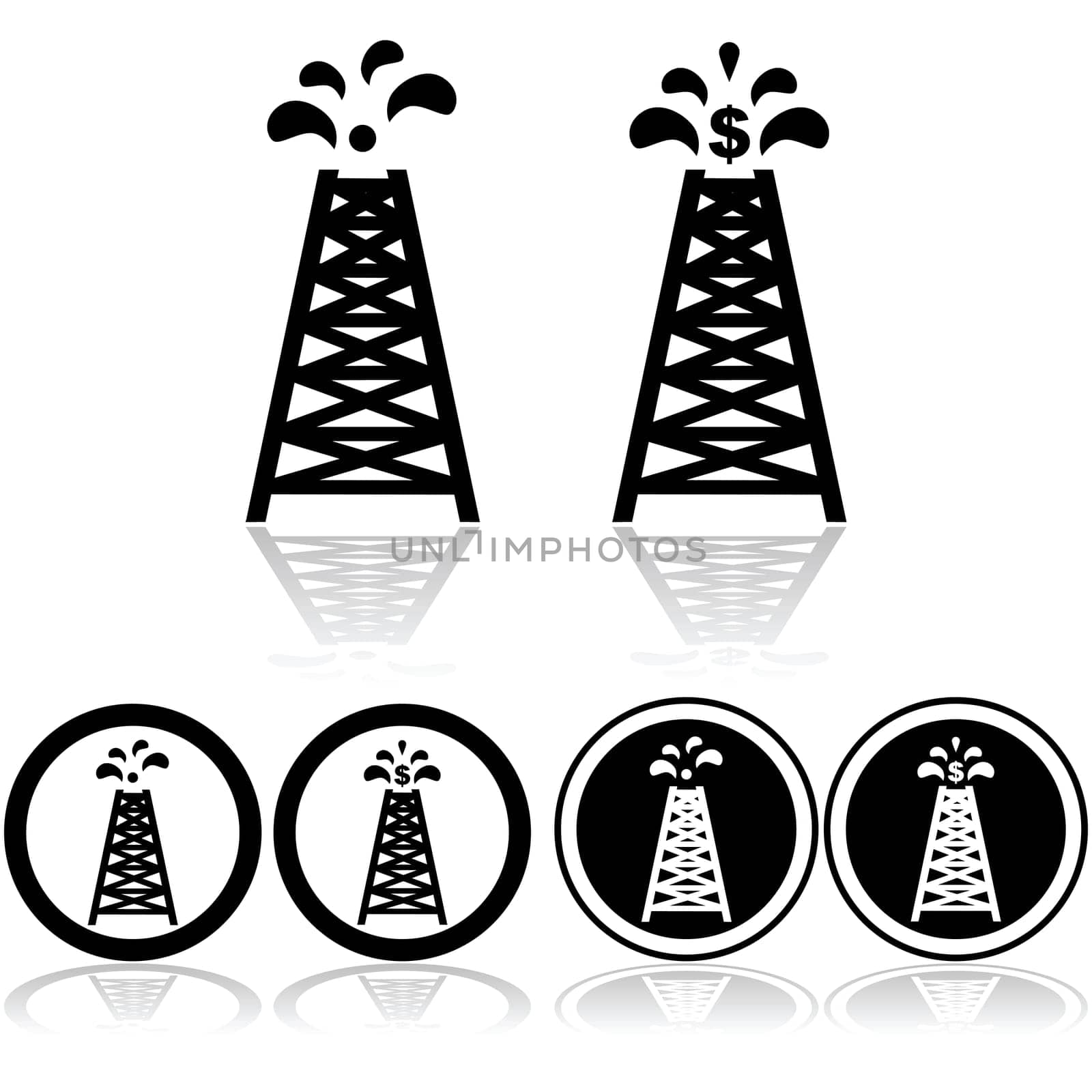 Icon set showing an oil tower with oil drops and a dollar sign