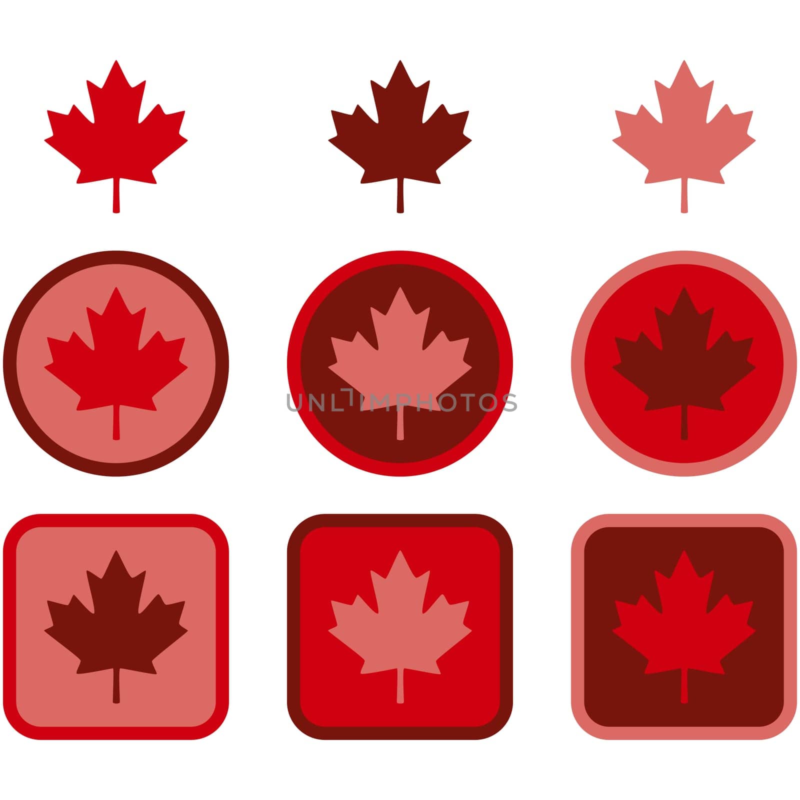 Icon set showing a maple leaf represented in flat design using different shades of red.