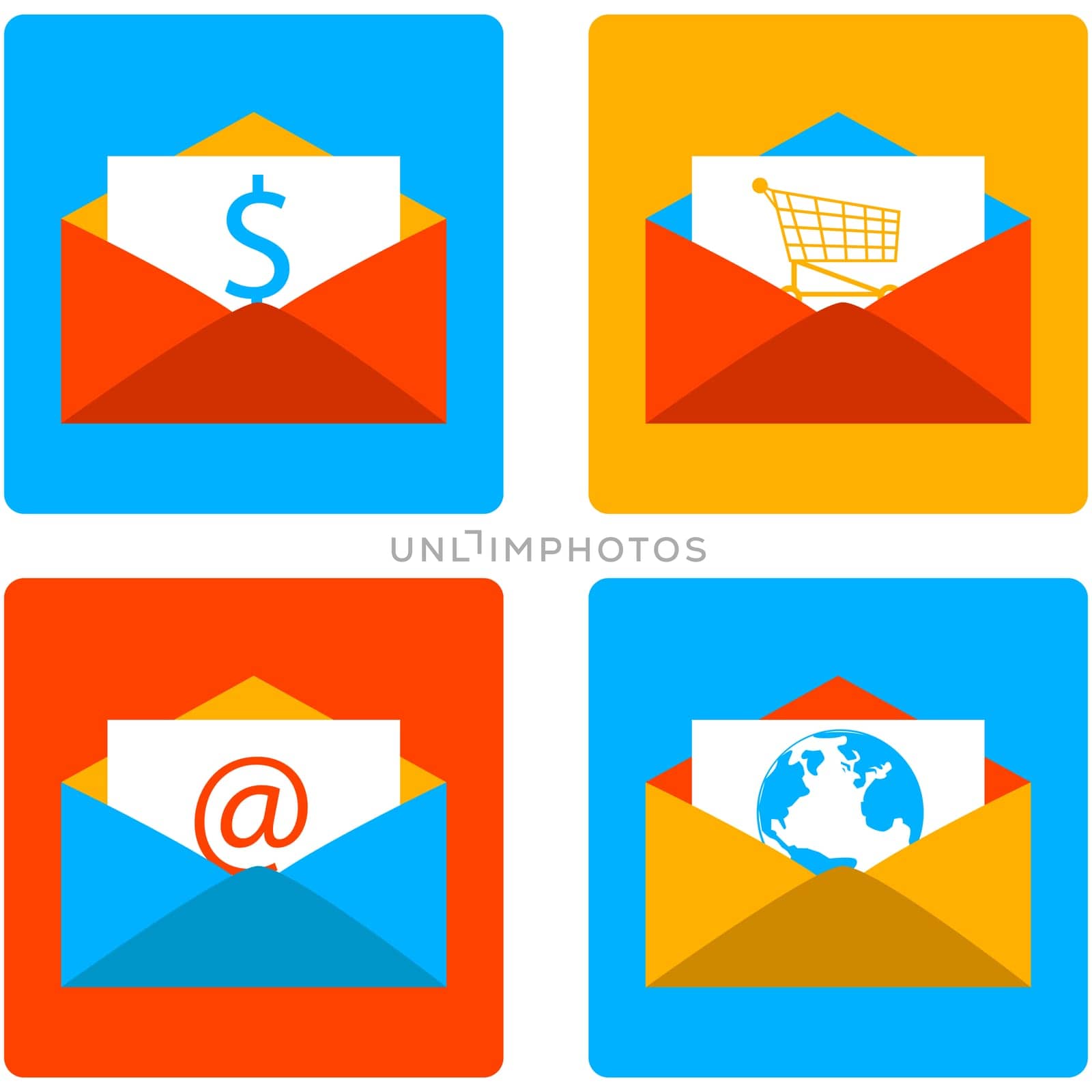 Icon set showing an envelope with different content using a flat design