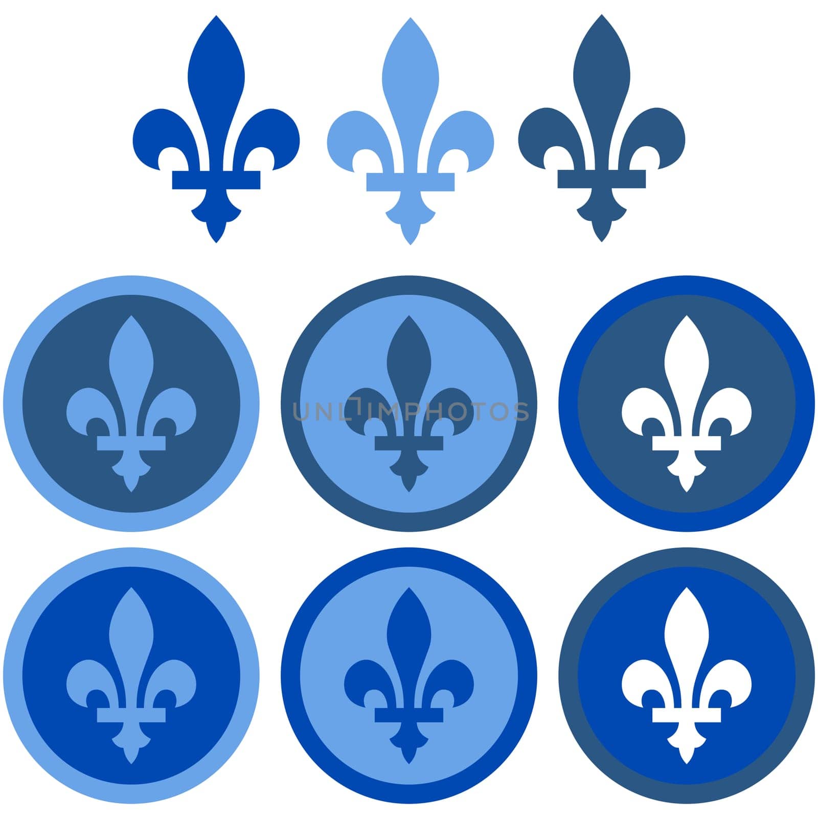 Icon set showing a fleur-de-lys in flat design using different shades of blue