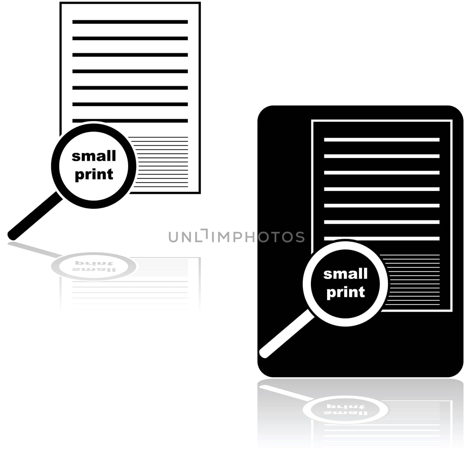 Icon set showing a magnifying glass over the small print of a document or contract