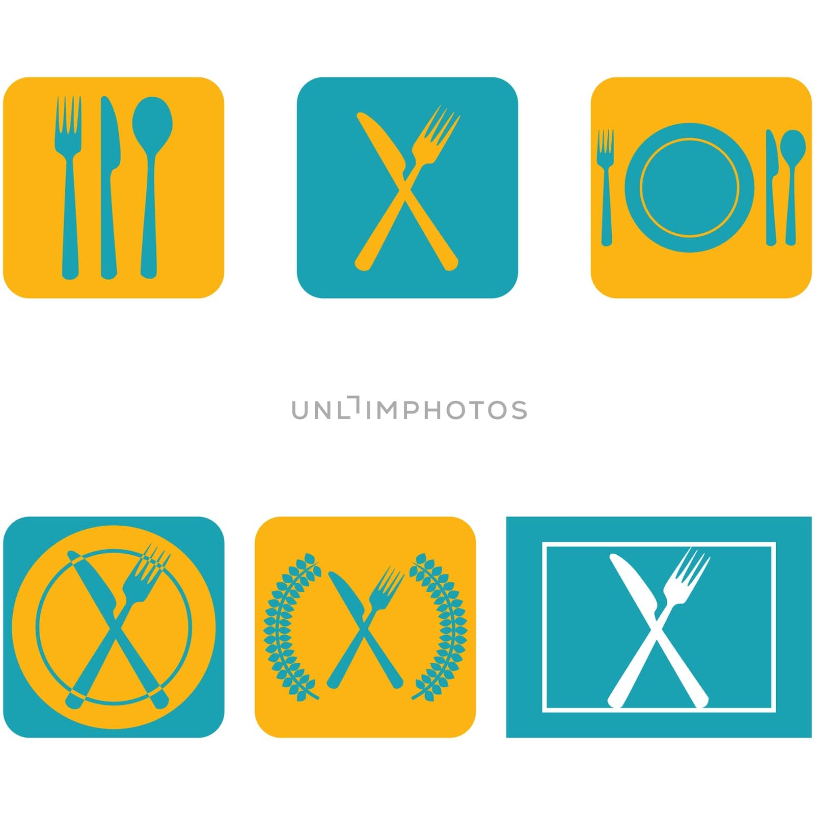 Icon set showing a plate combined with cutlery in a flat design in blue and orange
