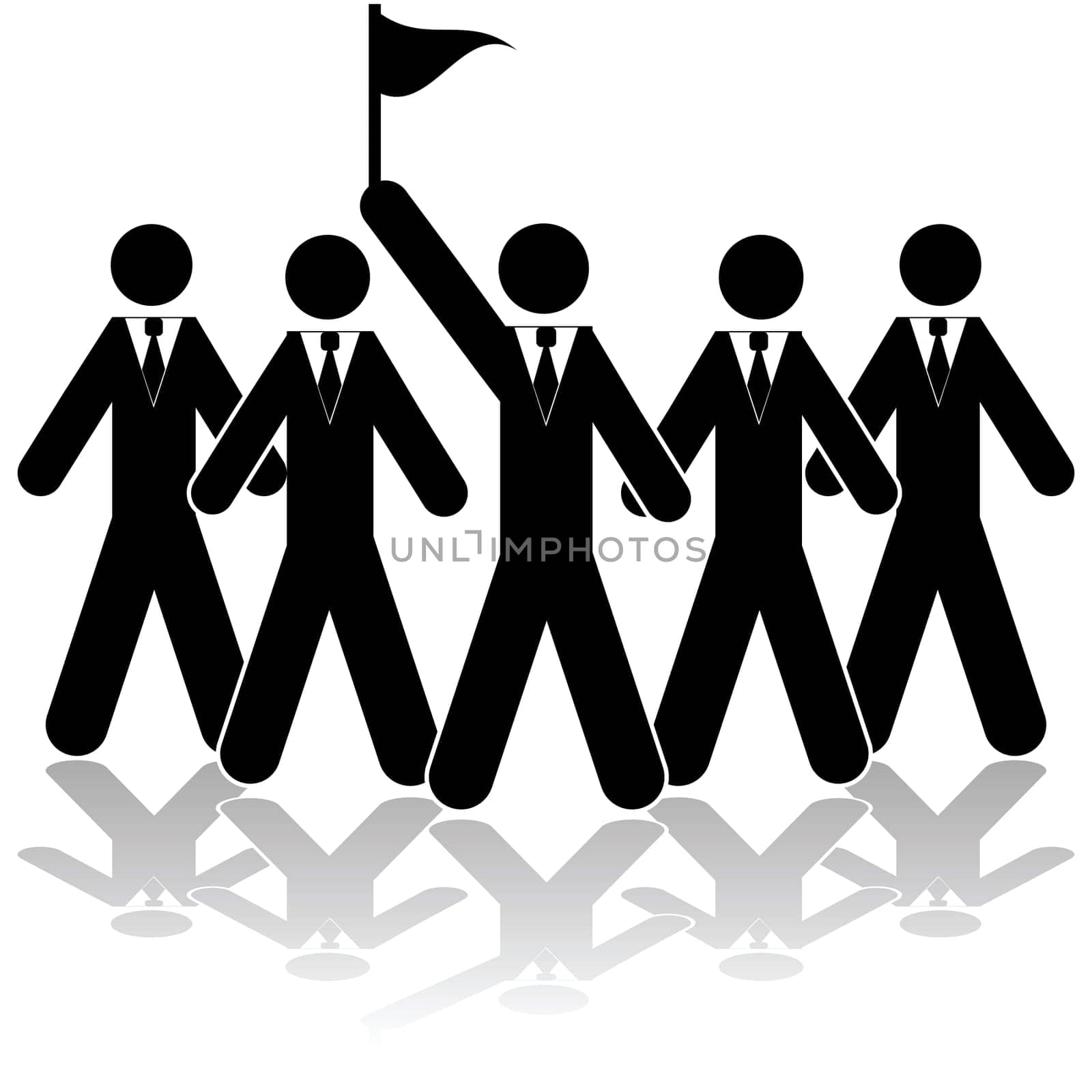 Icon illustration showing a team of businessmen with one of them raising a flag