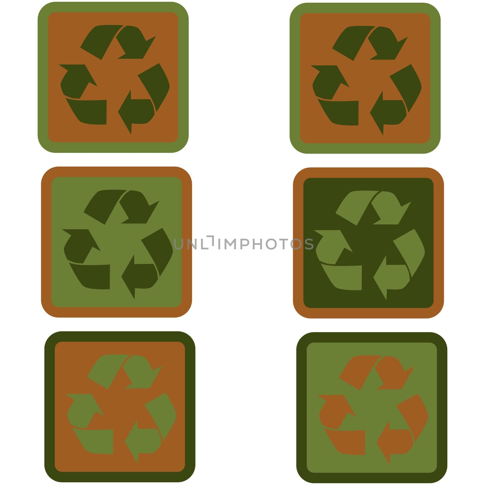 Icon set showing a recycling sign in flat design using different shades of green and brown
