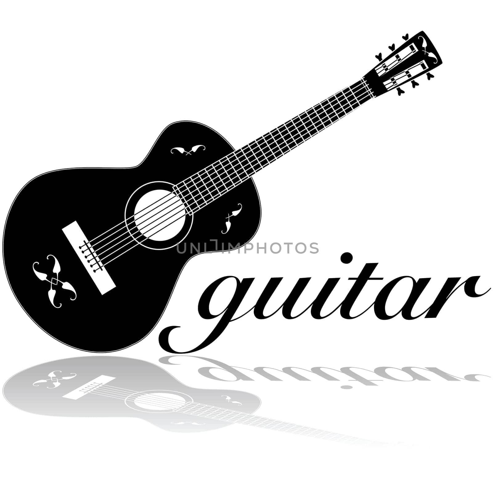 Icon illustration showing a classic guitar reflected on a white surface