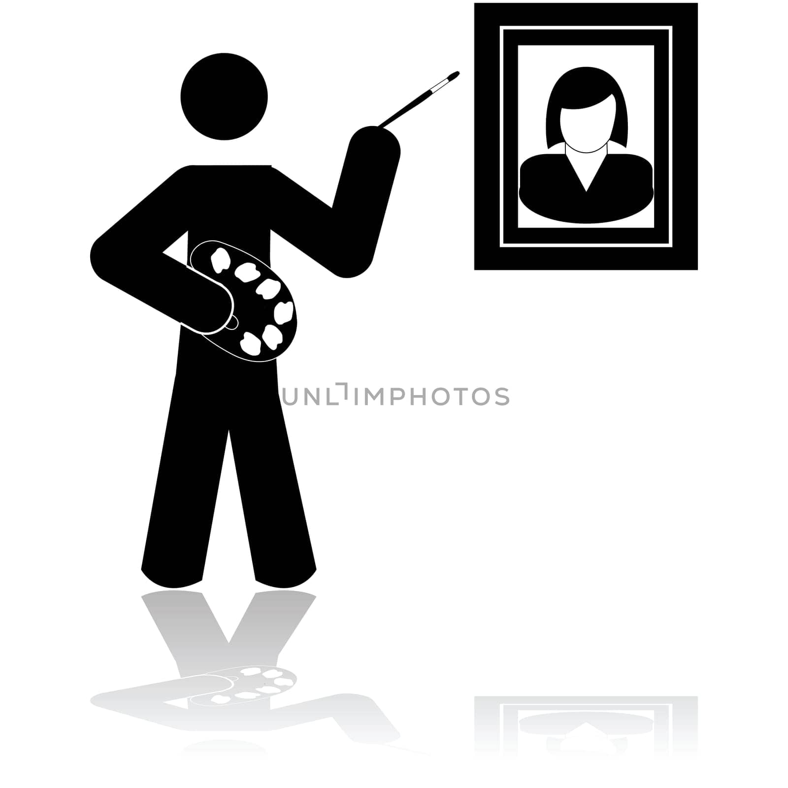 Icon showing a painter holding a brush and a palette while painting a picture