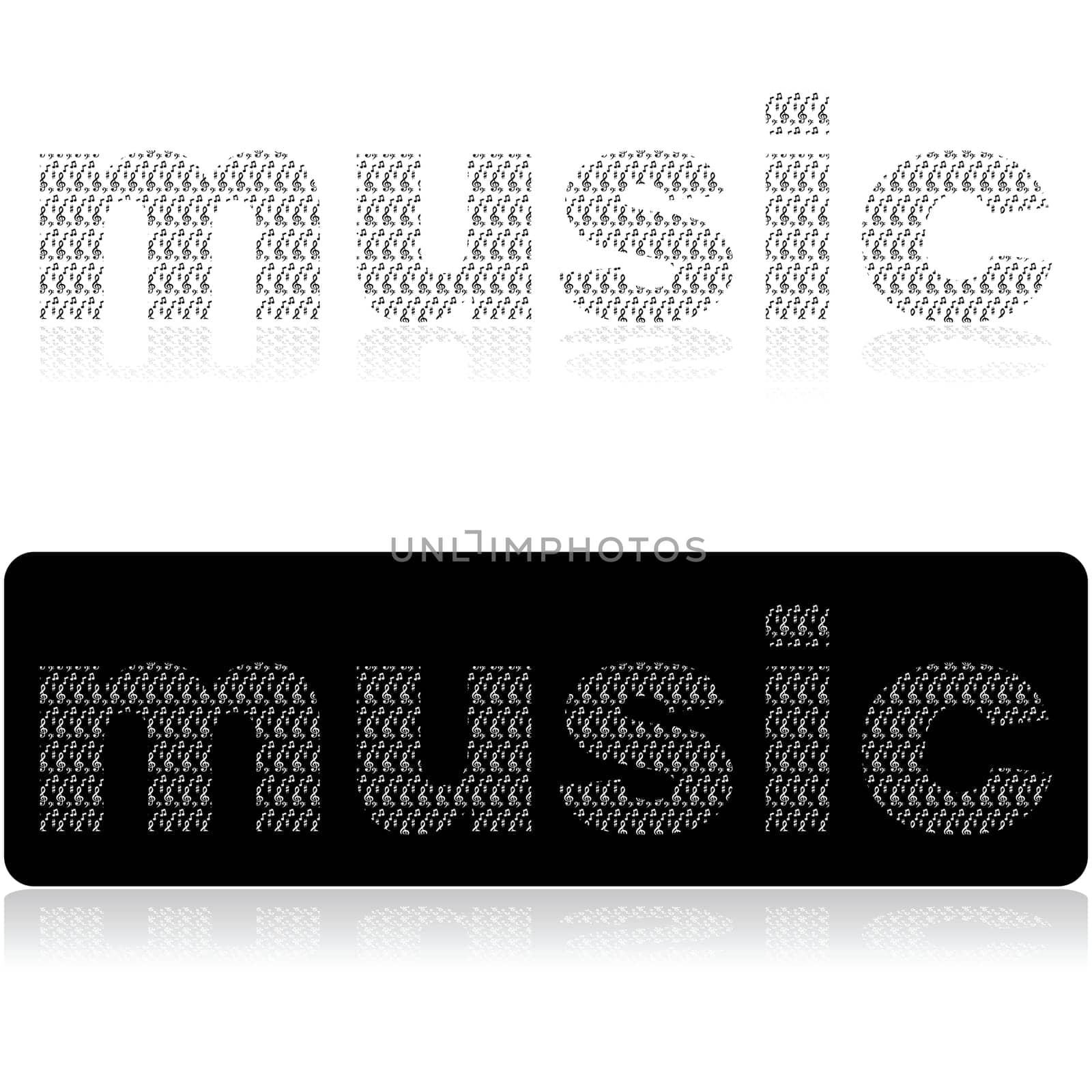 Concept illustration showing the word music made up of different musical notes and notations