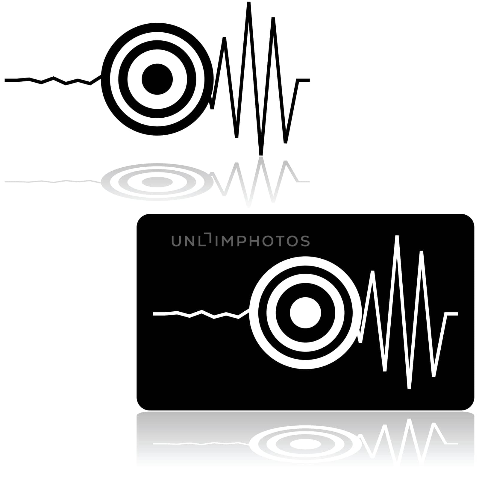 Icon set showing a line measured by a seismograph with a target signaling the start of an earthquake