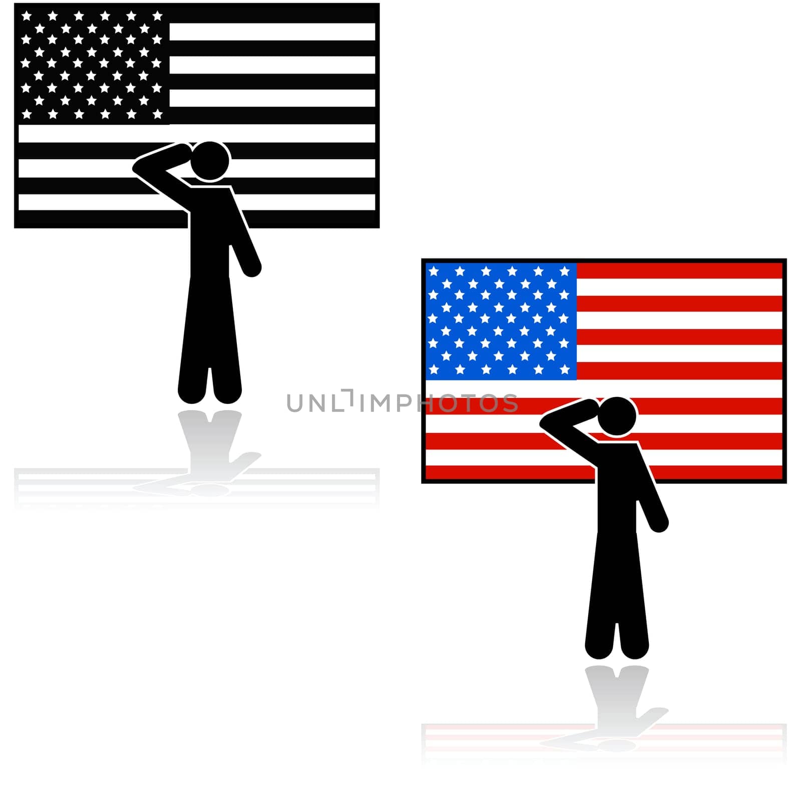 Concept illustration showing a person saluting in front of an American flag