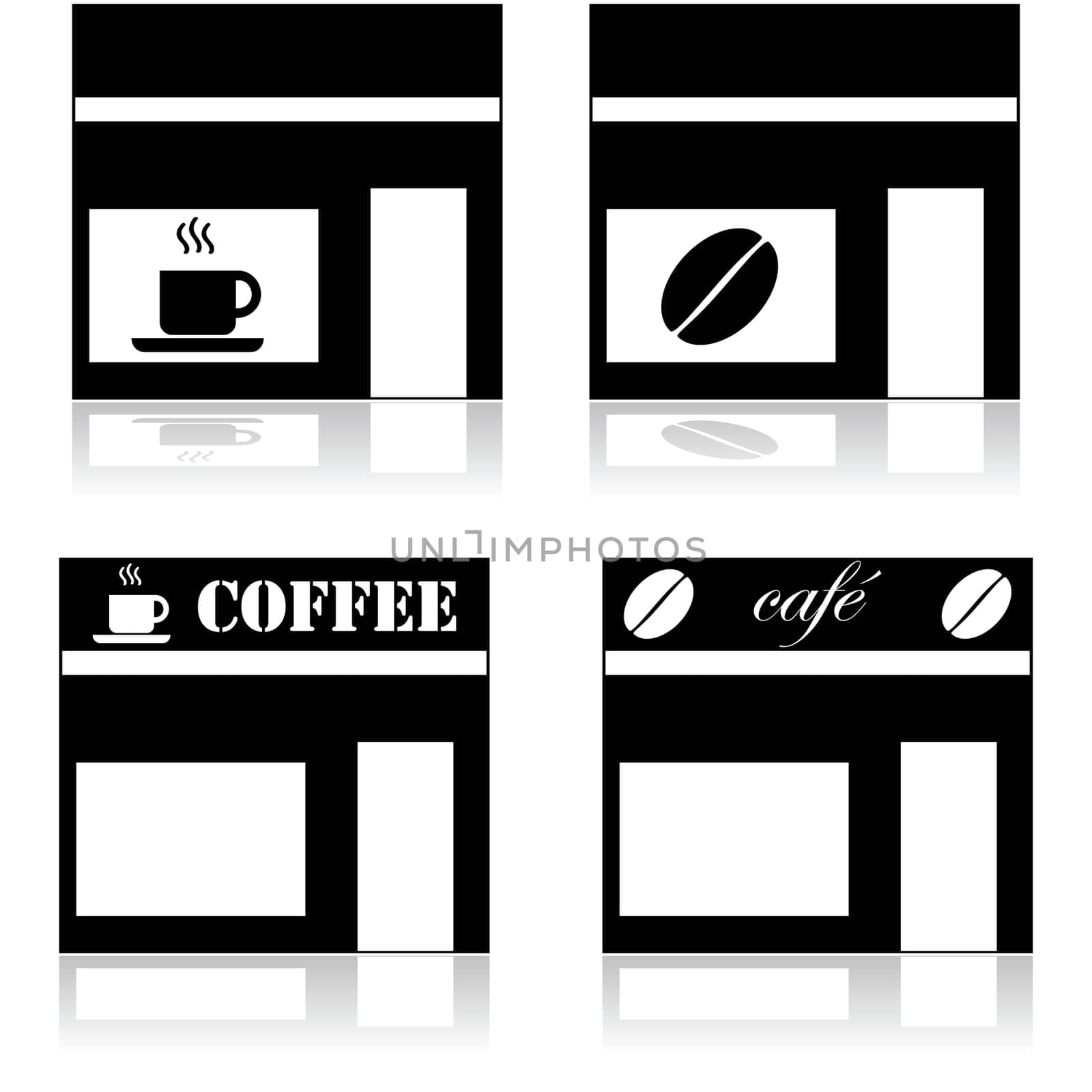 Icon set showing a coffee shop represented in four different ways