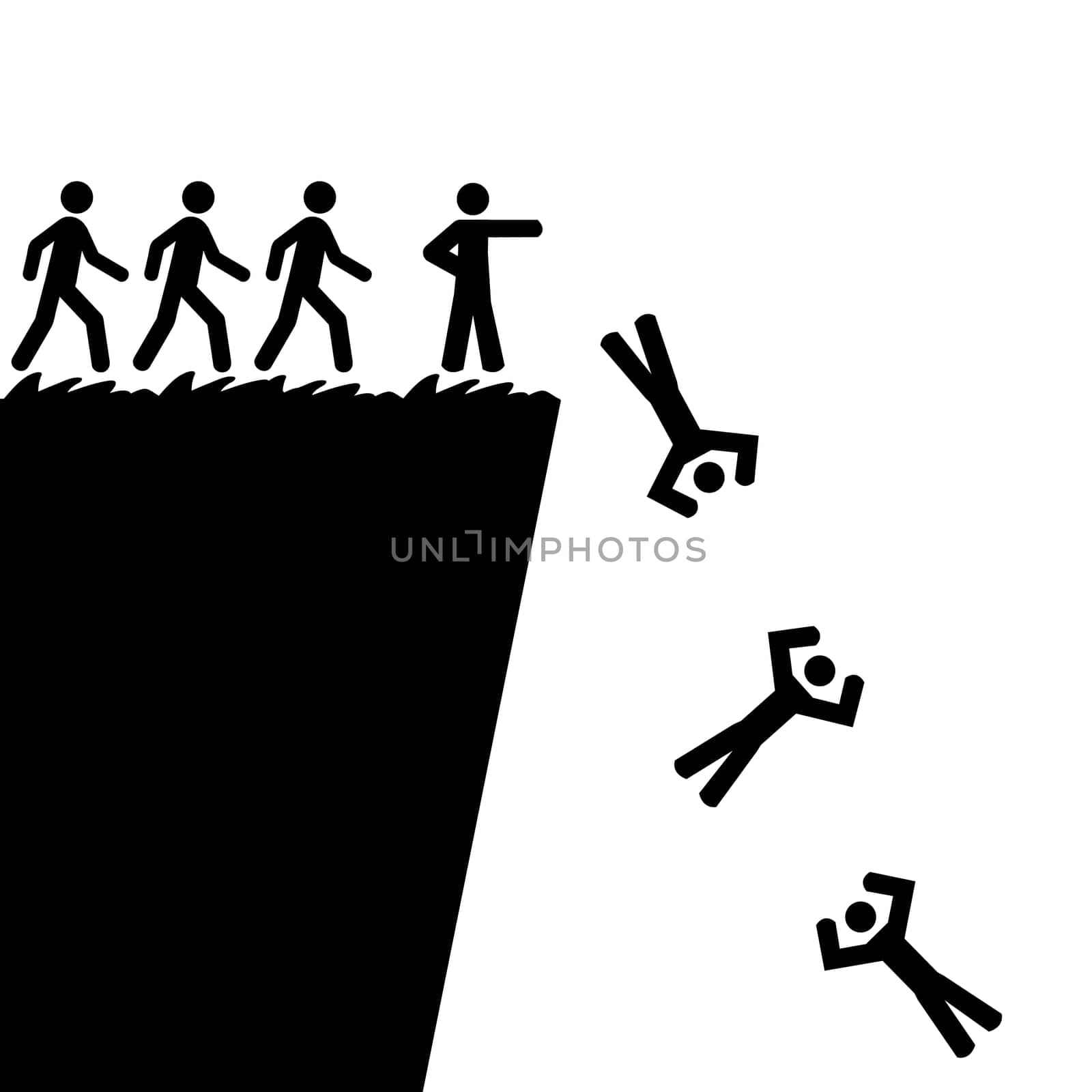 Concept illustration showing a person telling others to jump off a cliff