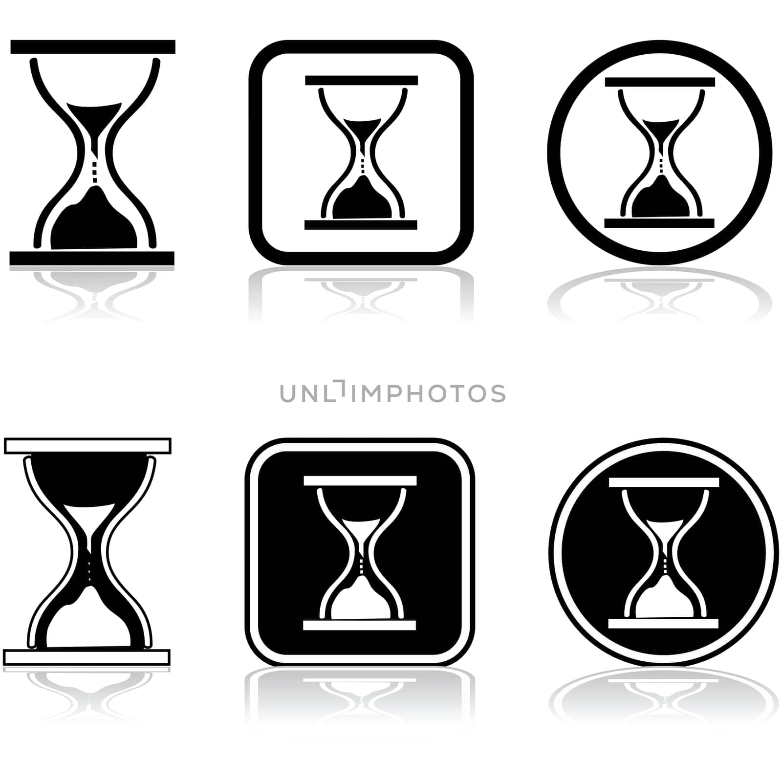 Icon set showing a sandglass combined with different shapes in black and white