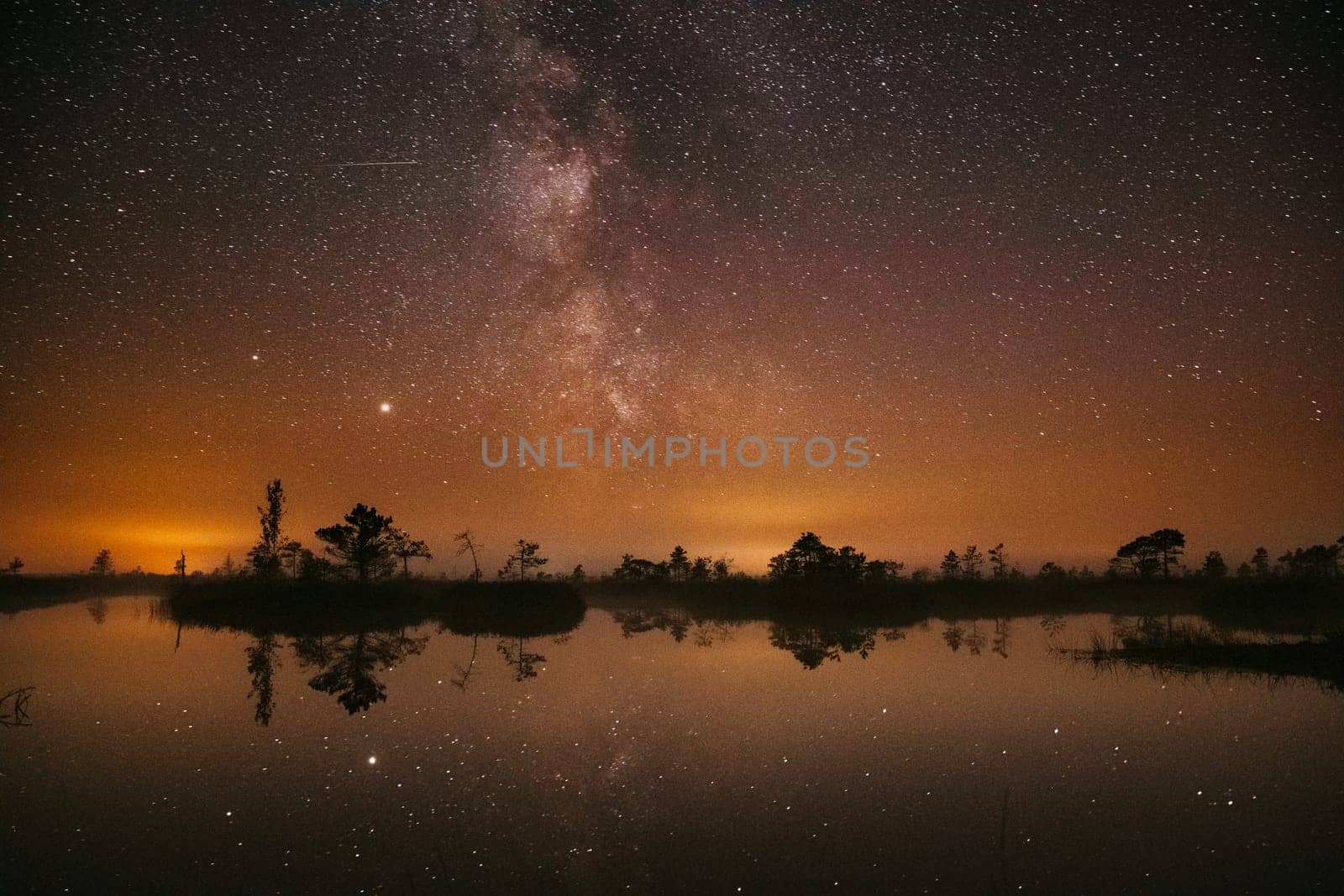 Swamp Bog Marsh Wetland Lake Nature Night Landscape. Night Starry Sky Milky Way Galaxy With Glowing Stars And Moon. Nature Night Sky Reflection In Water. Yelnya Swamp In Belarus.