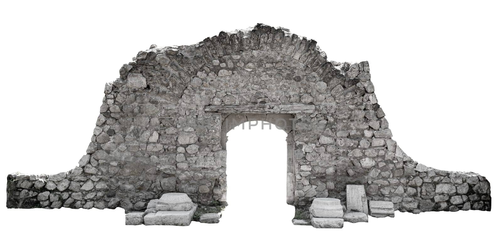 front view closeup of ancient door with architectural stone arcade archway and surrounding wall isolated on white background