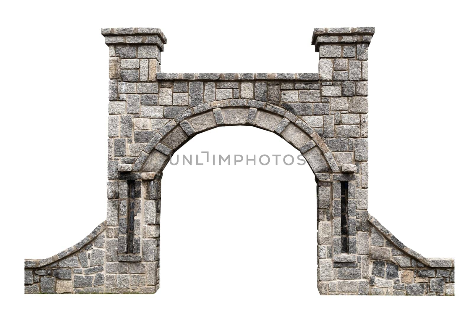 front view closeup of ancient door with architectural stone arcade archway and surrounding wall isolated on white background