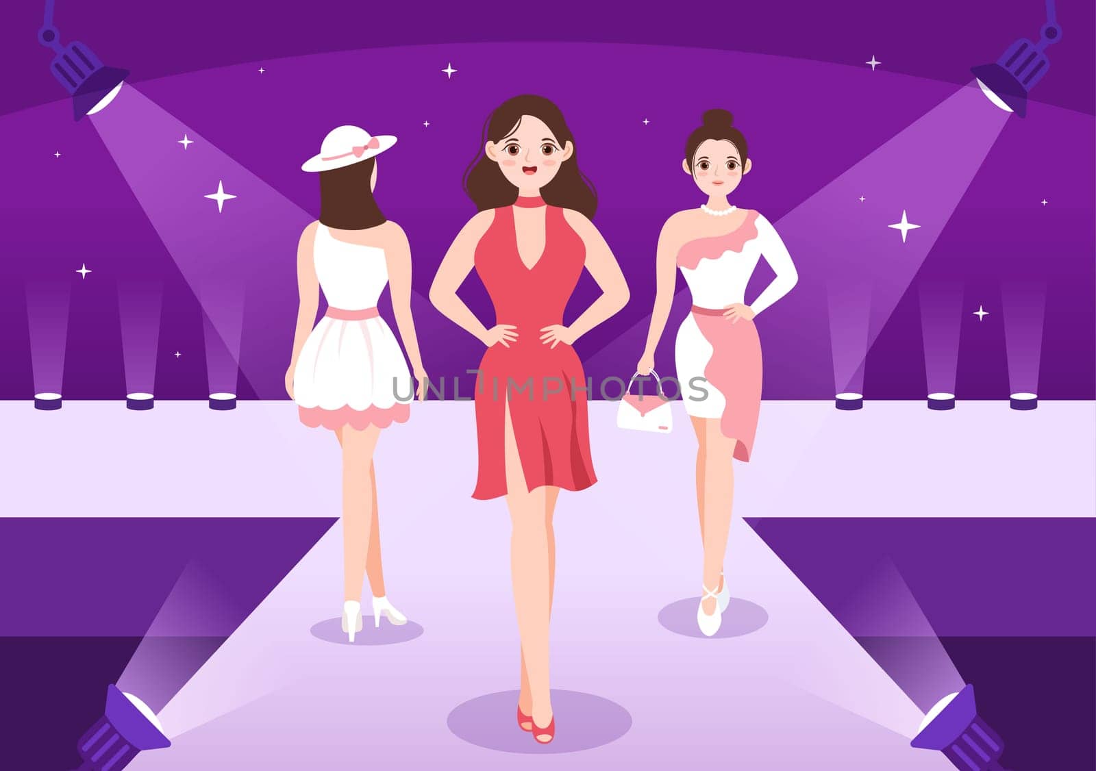 Professional Model Template Hand Drawn Cartoon Flat Illustration with Beautiful Women Models Walking on Podium in Fashion Week Event