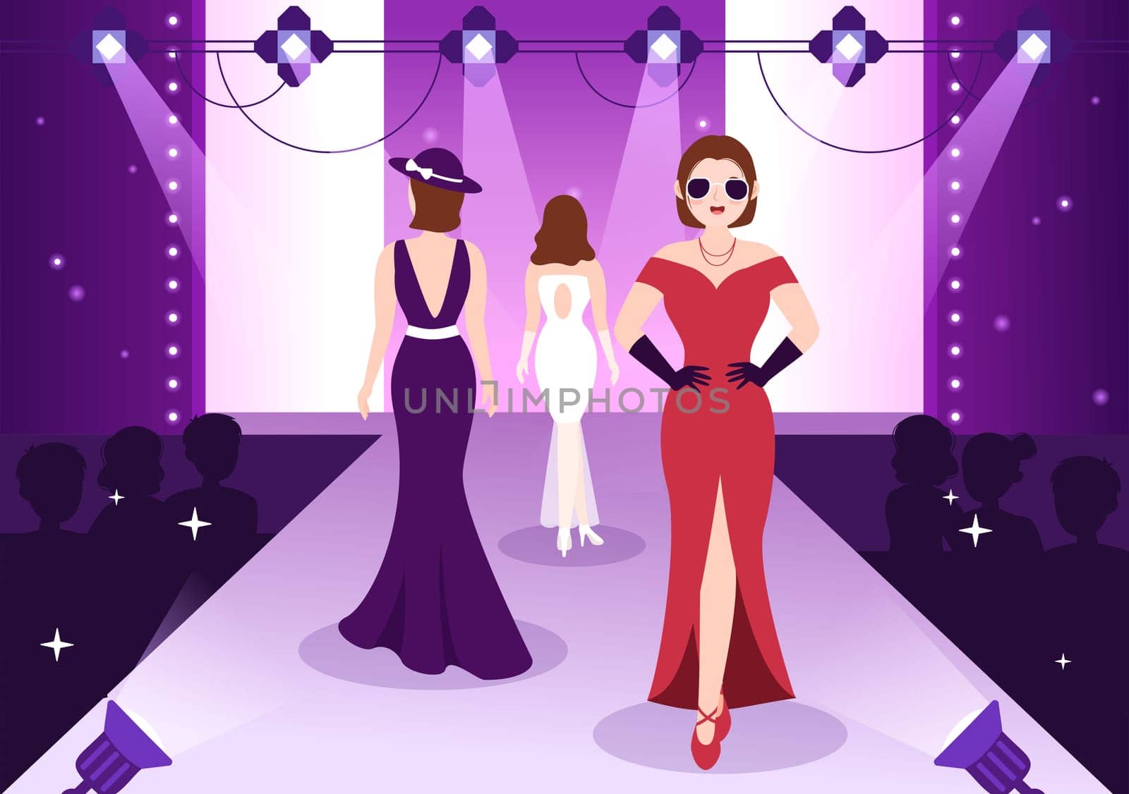 Professional Model Template Hand Drawn Cartoon Flat Illustration with Beautiful Women Models Walking on Podium in Fashion Week Event