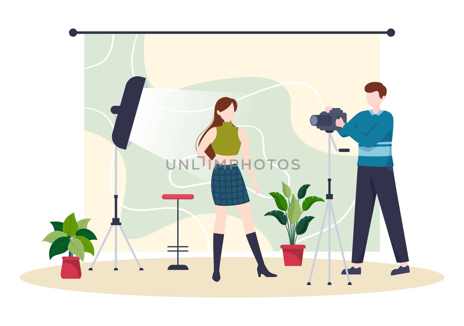 Professional Model Template Hand Drawn Cartoon Flat Illustration with Photographer Takes a Picture of a Posing Models Design