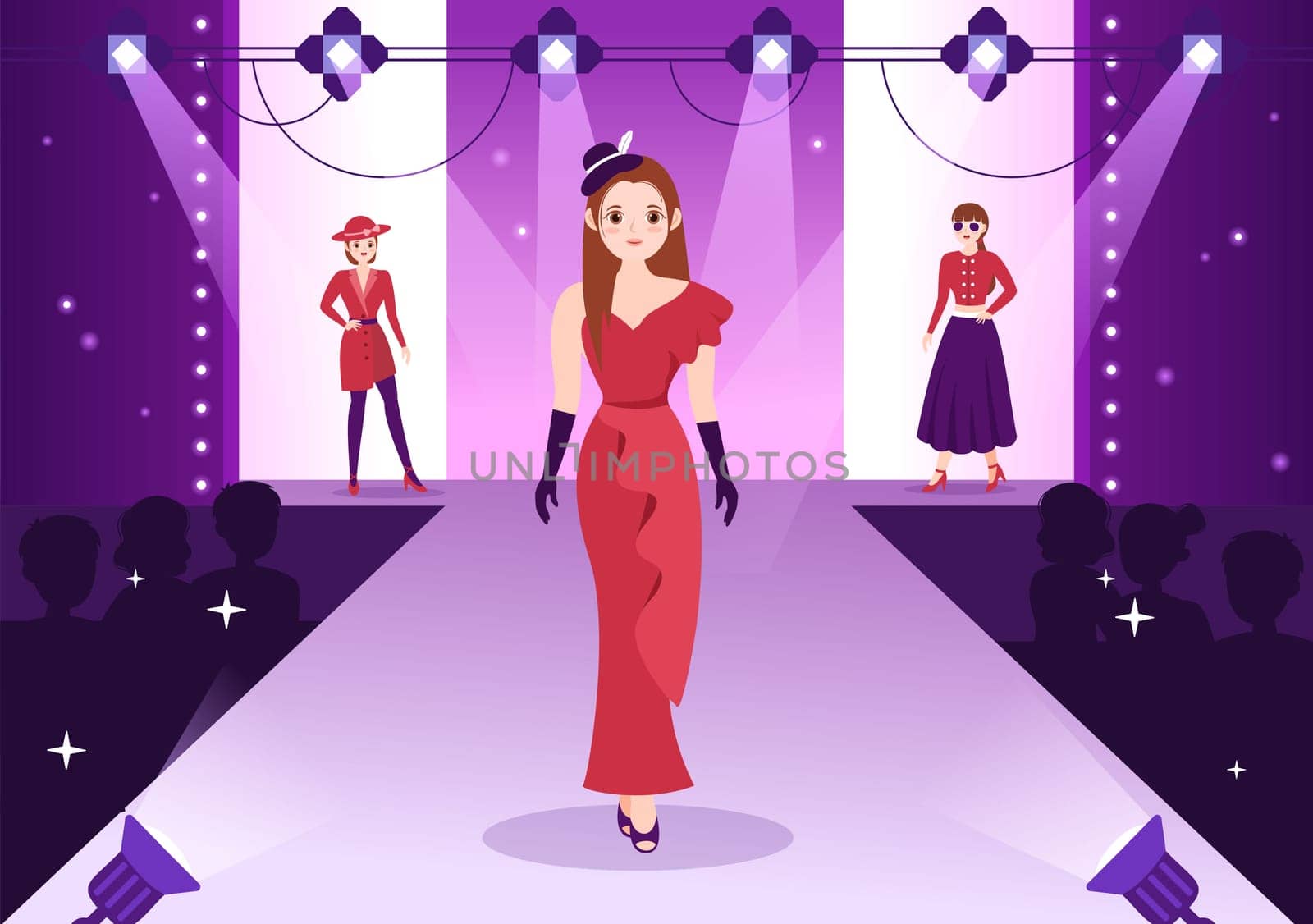 Professional Model Template Hand Drawn Cartoon Flat Illustration with Beautiful Women Models Walking on Podium in Fashion Week Event