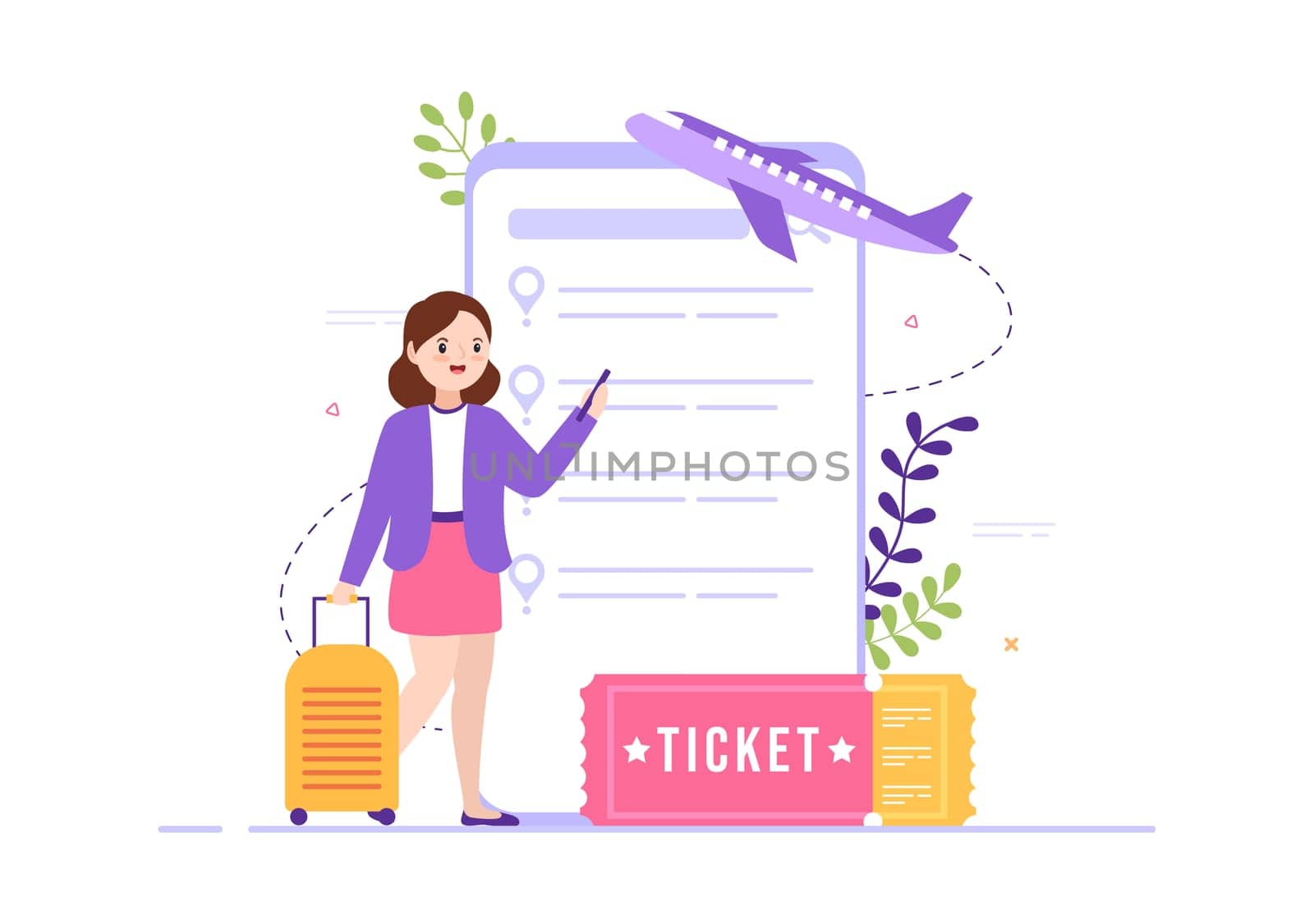 Ticket Travel Online Booking Service App on Smartphone Template Hand Drawn Cartoon Flat Illustration for Trip Planning