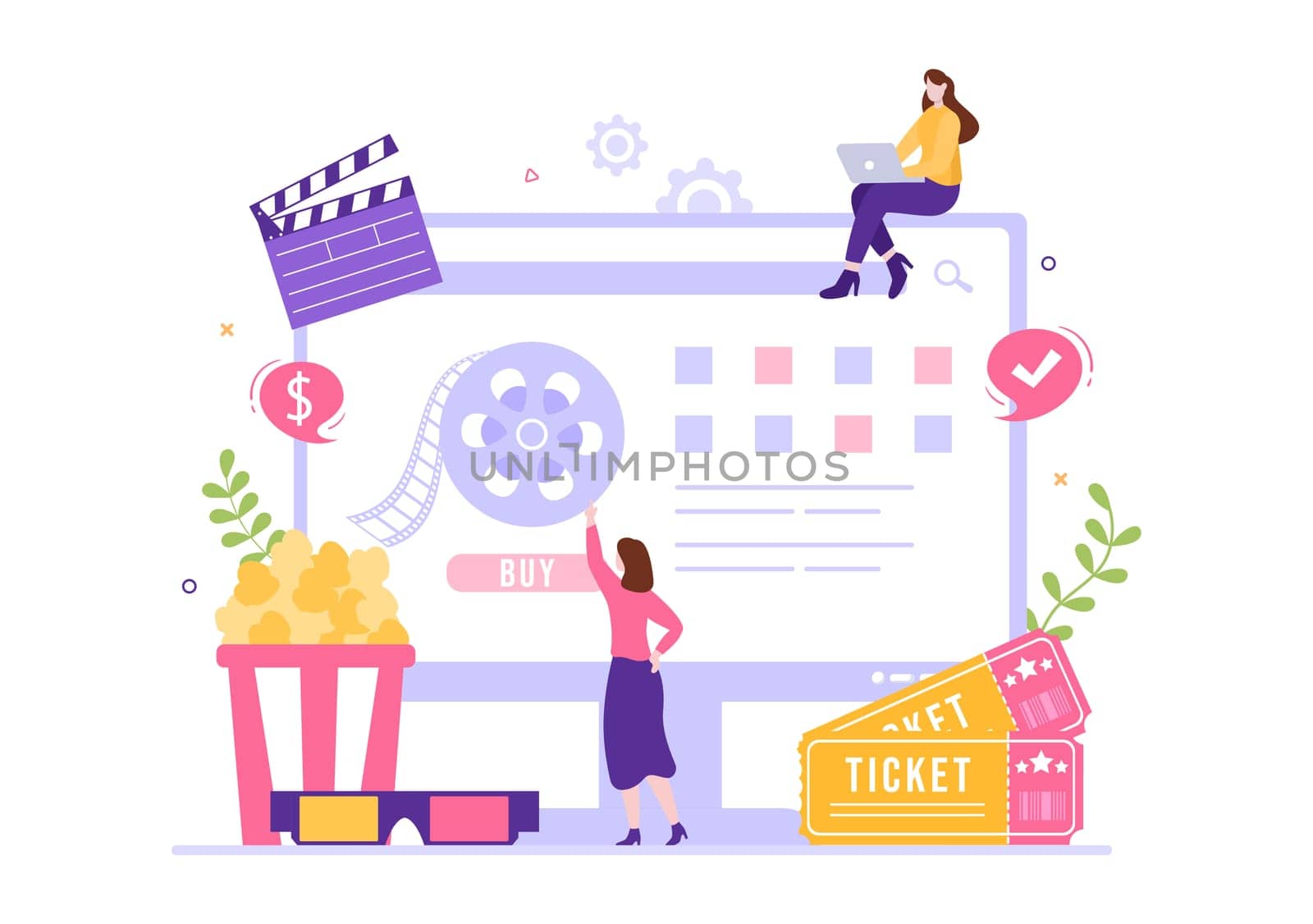 Cinema Ticket Movie for Film Entertainment, Popcorn and Strip Cinematography Template Hand Drawn Cartoon Flat Illustration