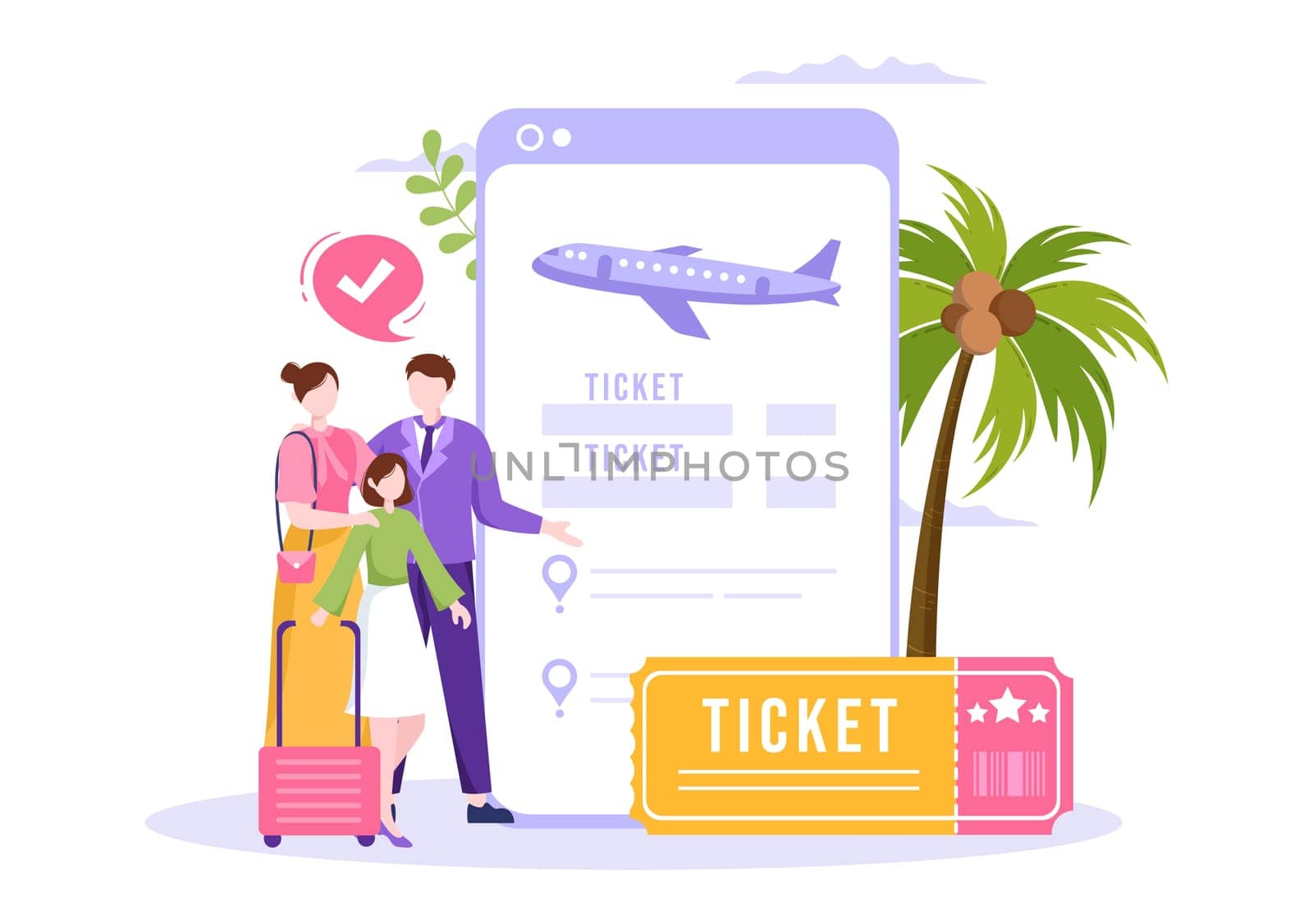 Ticket Travel Online Booking Service App on Smartphone Template Hand Drawn Cartoon Flat Illustration for Trip Planning