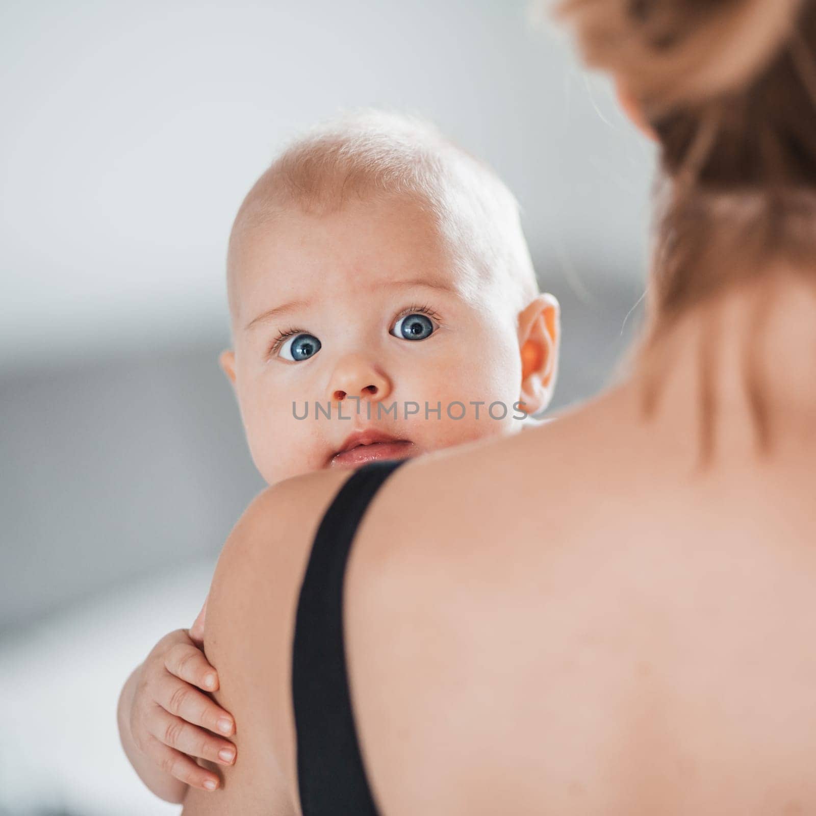 Portrait of sweet baby resting in mothers arms, looking at camera, touching mama shoulder. New mom holding little kid, embracing child with tenderness, love, care. Motherhood concept.