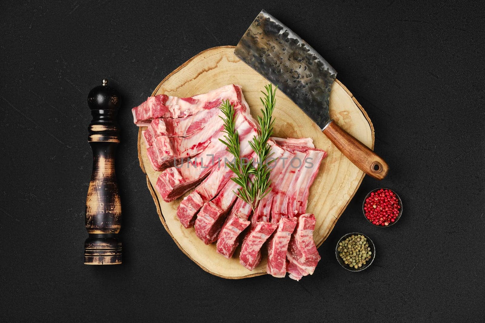 Top view of raw fresh lamb rib roast