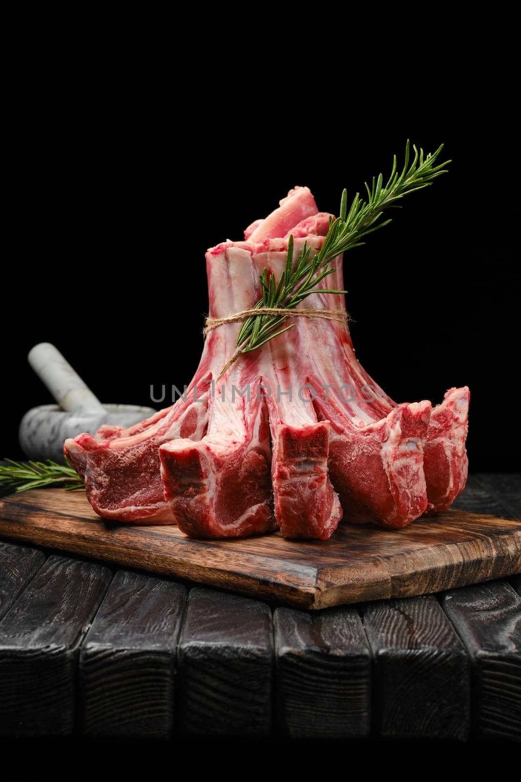 Raw fresh lamb crown roast, closeup