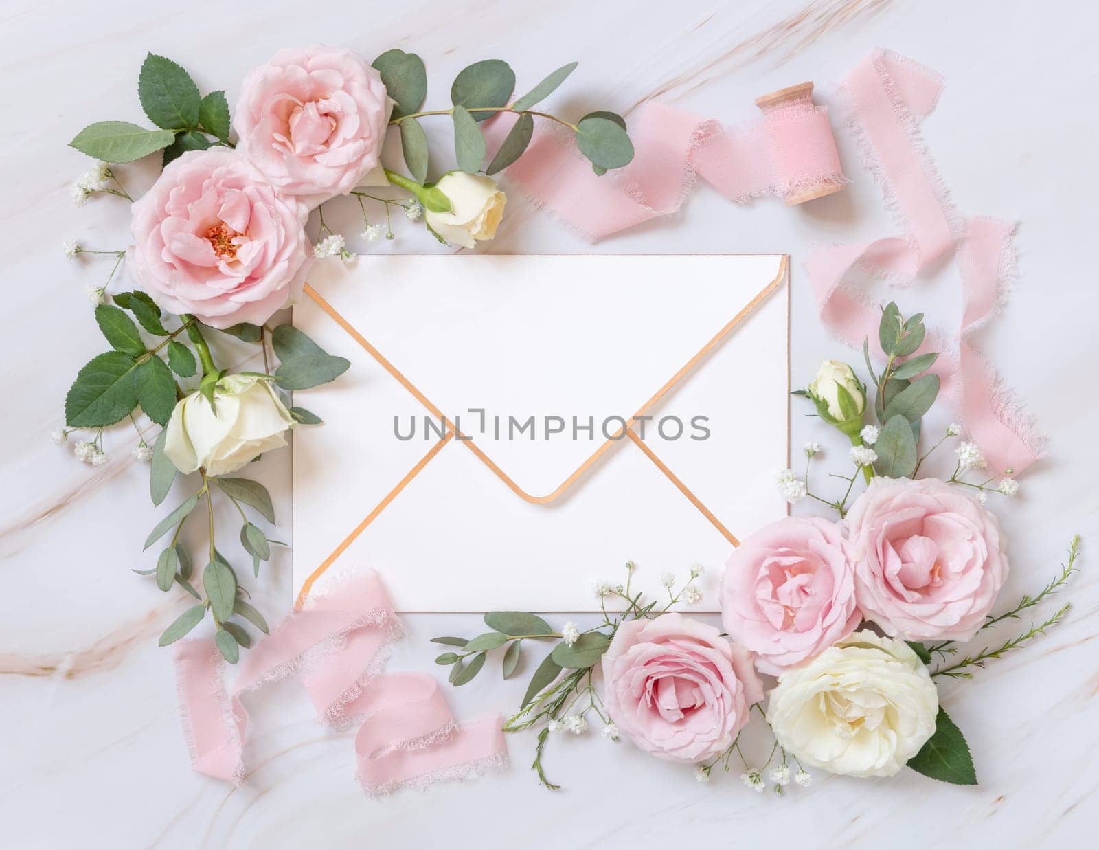 Paper envelope between light pink roses and silk ribbons on marble top view, wedding mockup. Romantic scene with blank envelope and pastel flowers flat lay. Valentines, Spring or Mothers day