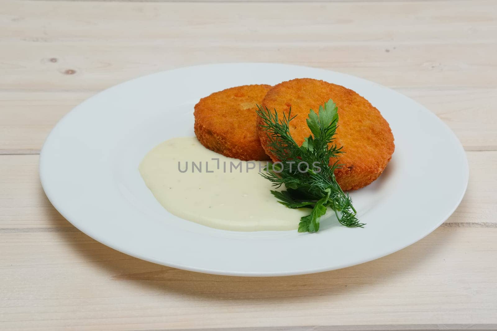 Vegetarian cutlet and sauce. Vegetarian food without meat. A healthy meal for slimness.