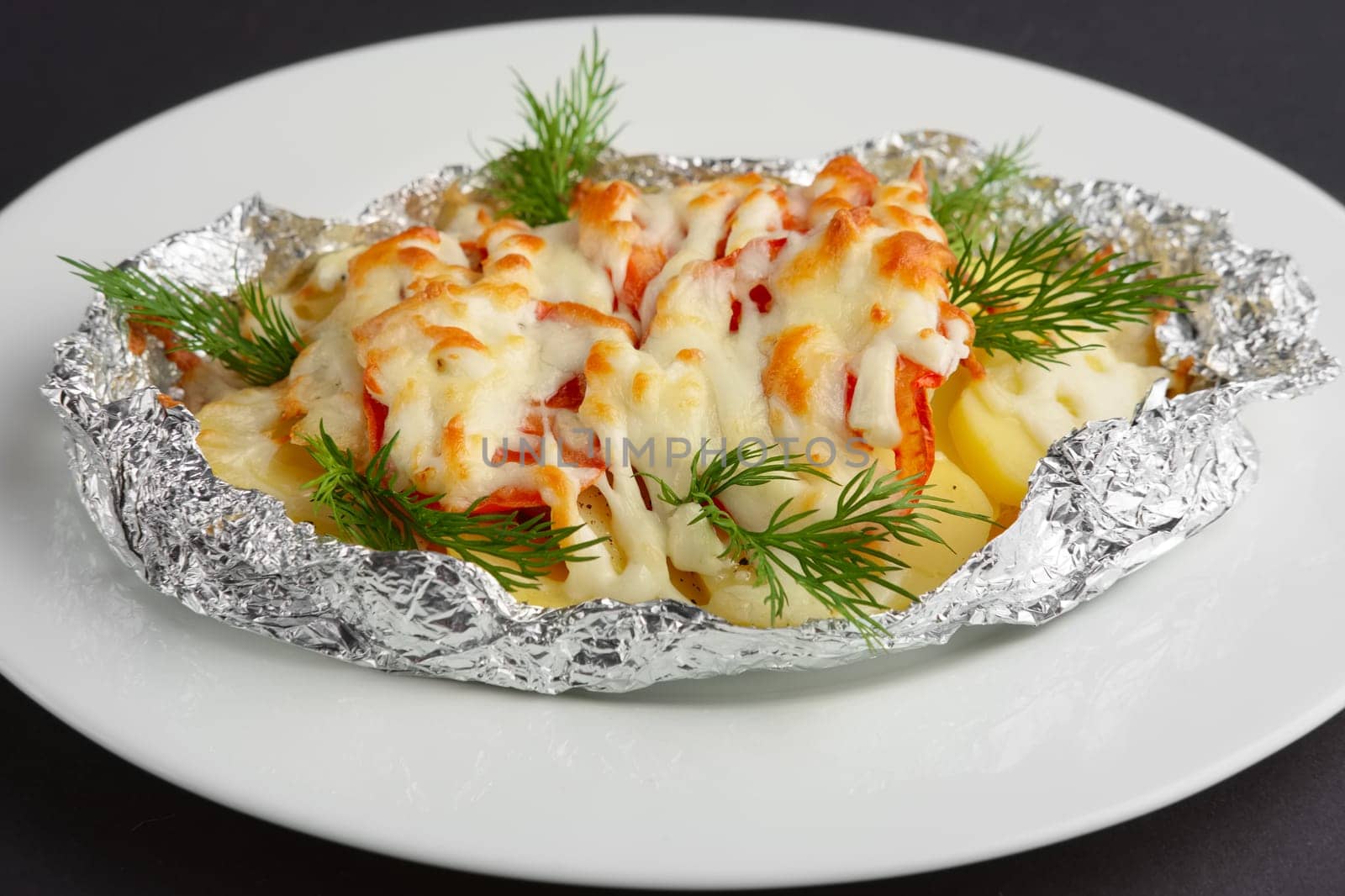Closeup view of fried in foil sea fish and potato with paprika and cheese