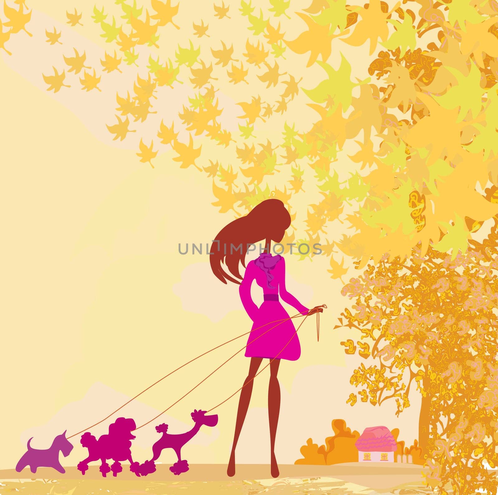 Girl walking with her dog in autumn landscape.