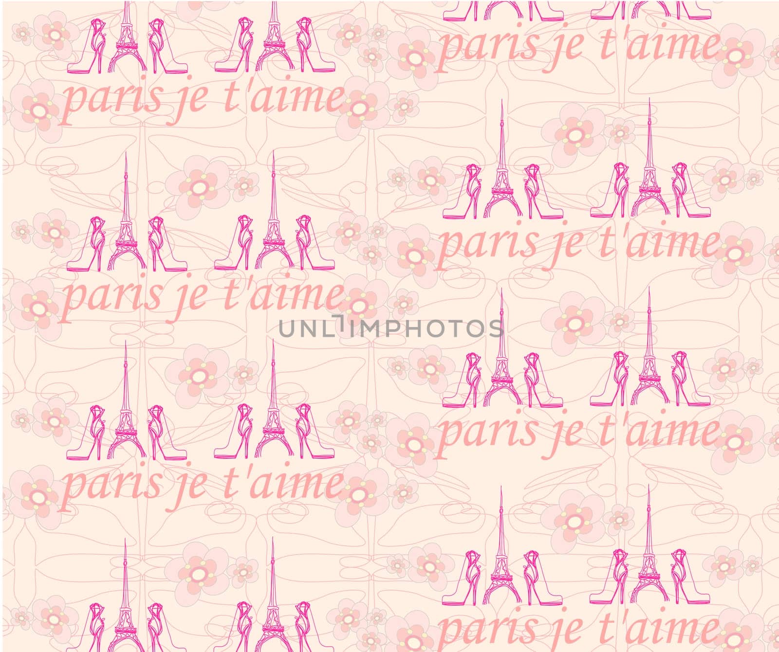 Paris seamless pattern with shoes and flowers