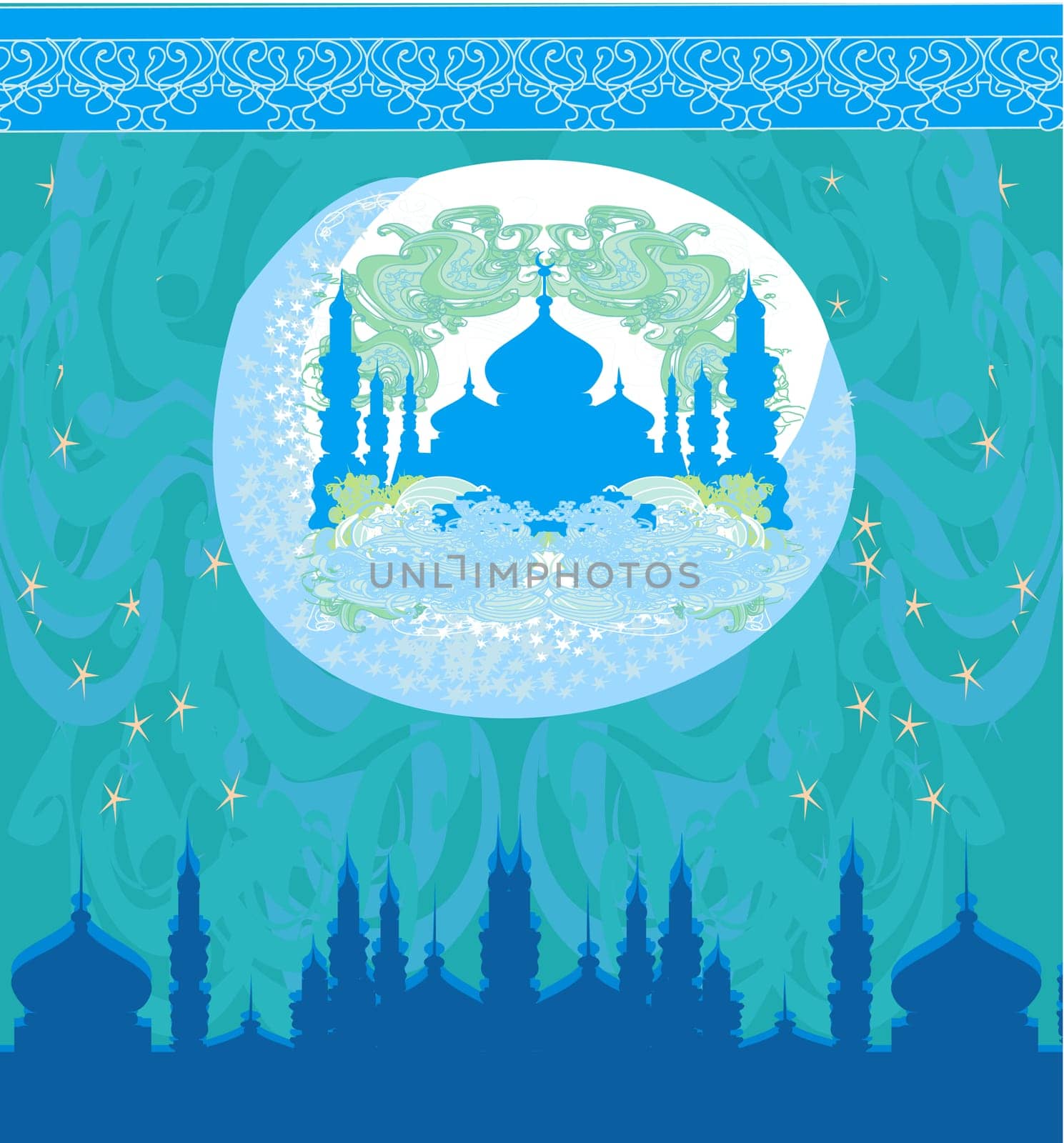 artistic pattern background with moon and mosque