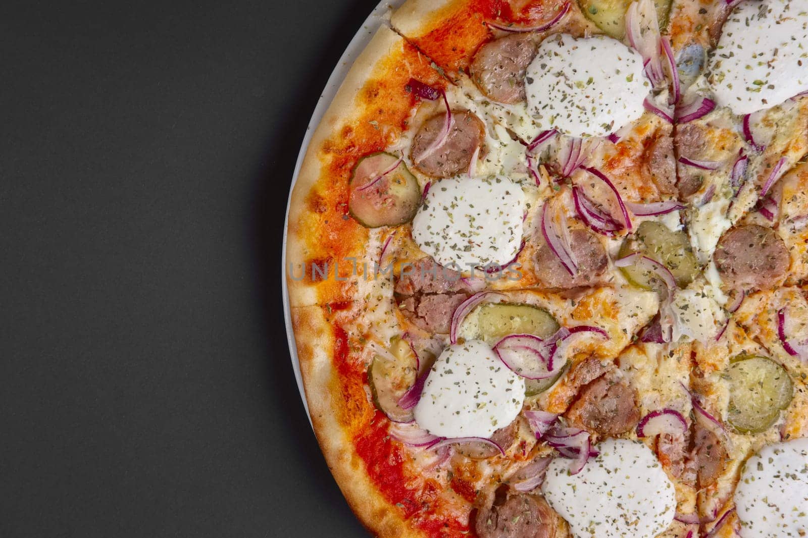 Top view of pizza with sausage, pickled cucumber, onion and horseradish. Place for text