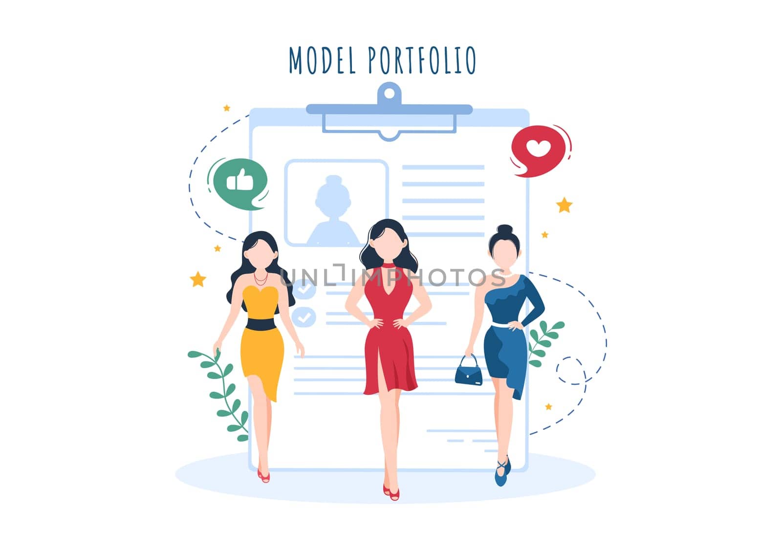 Model Portfolio Template Hand Drawn Cartoon Flat Illustration with Modeling Agency Manager and Photographer take Photos of Model in Platform Design